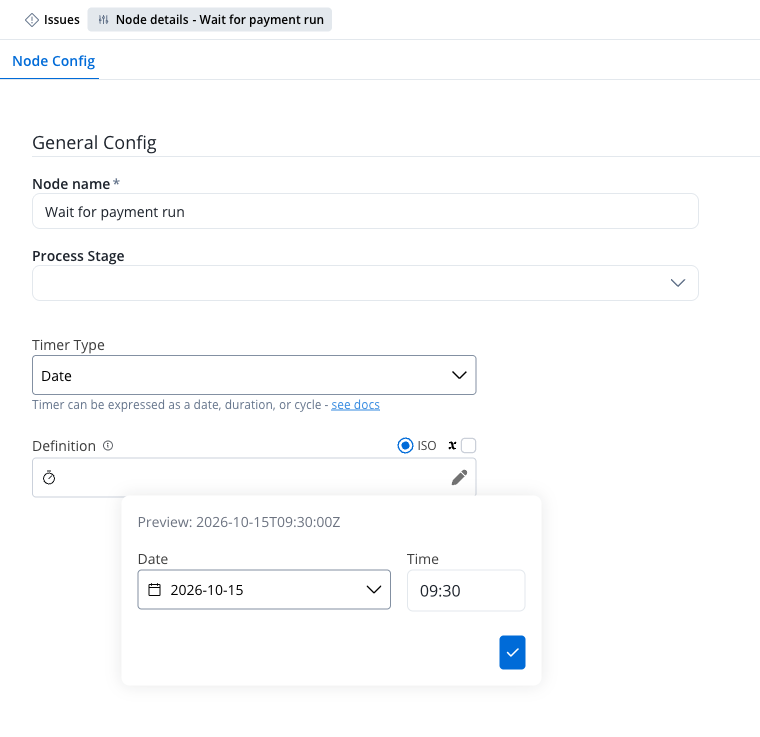 Timer Intermediate Event configuration panel with the Date timer type and the definition editor showing a date picker, a time picker, and the preview 2026-10-15T09:30:00Z