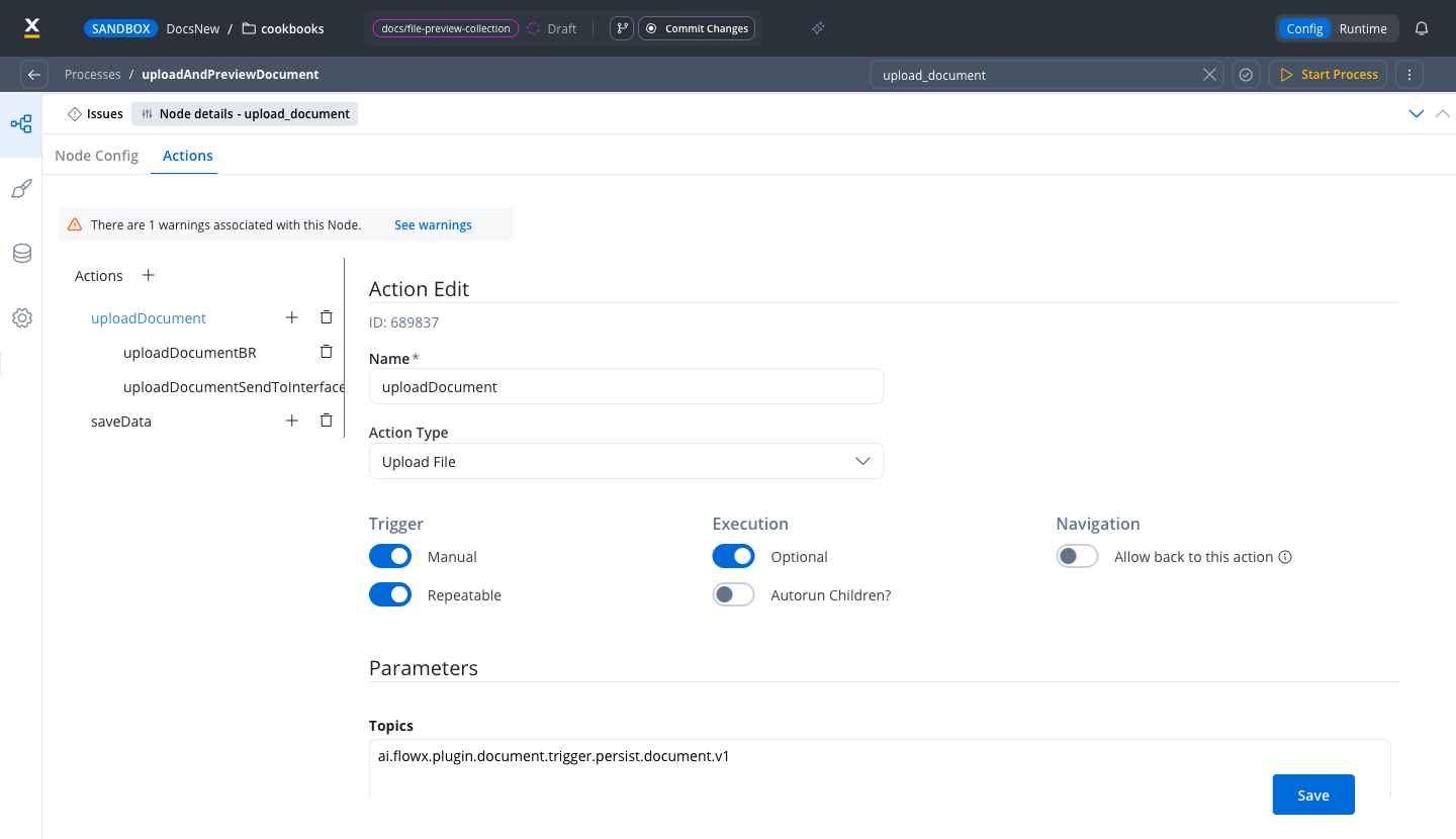 Upload File action Action Edit settings