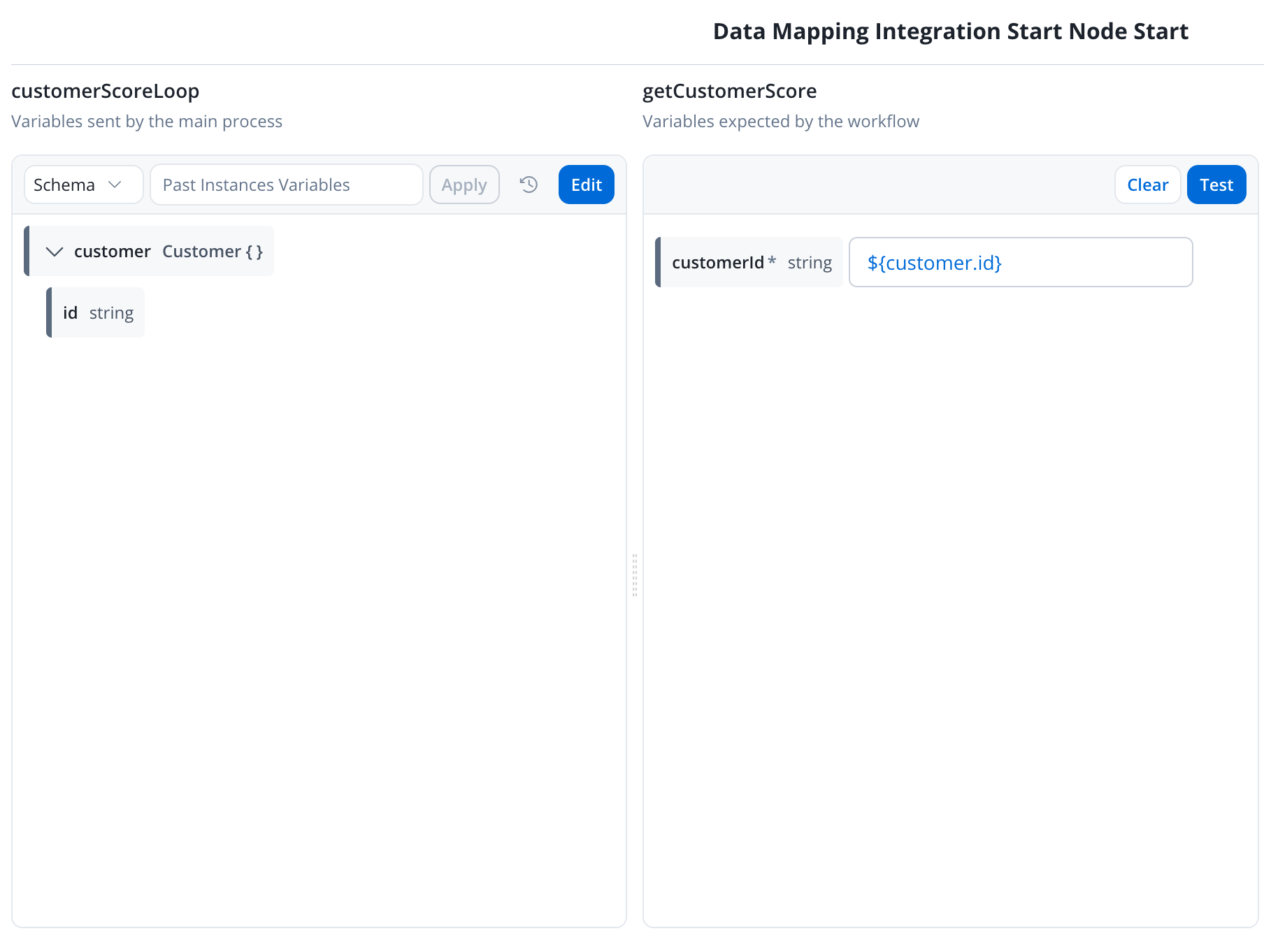 The Start scoring input mapping: the process attribute customer.id is mapped as a source path to the getCustomerScore input customerId