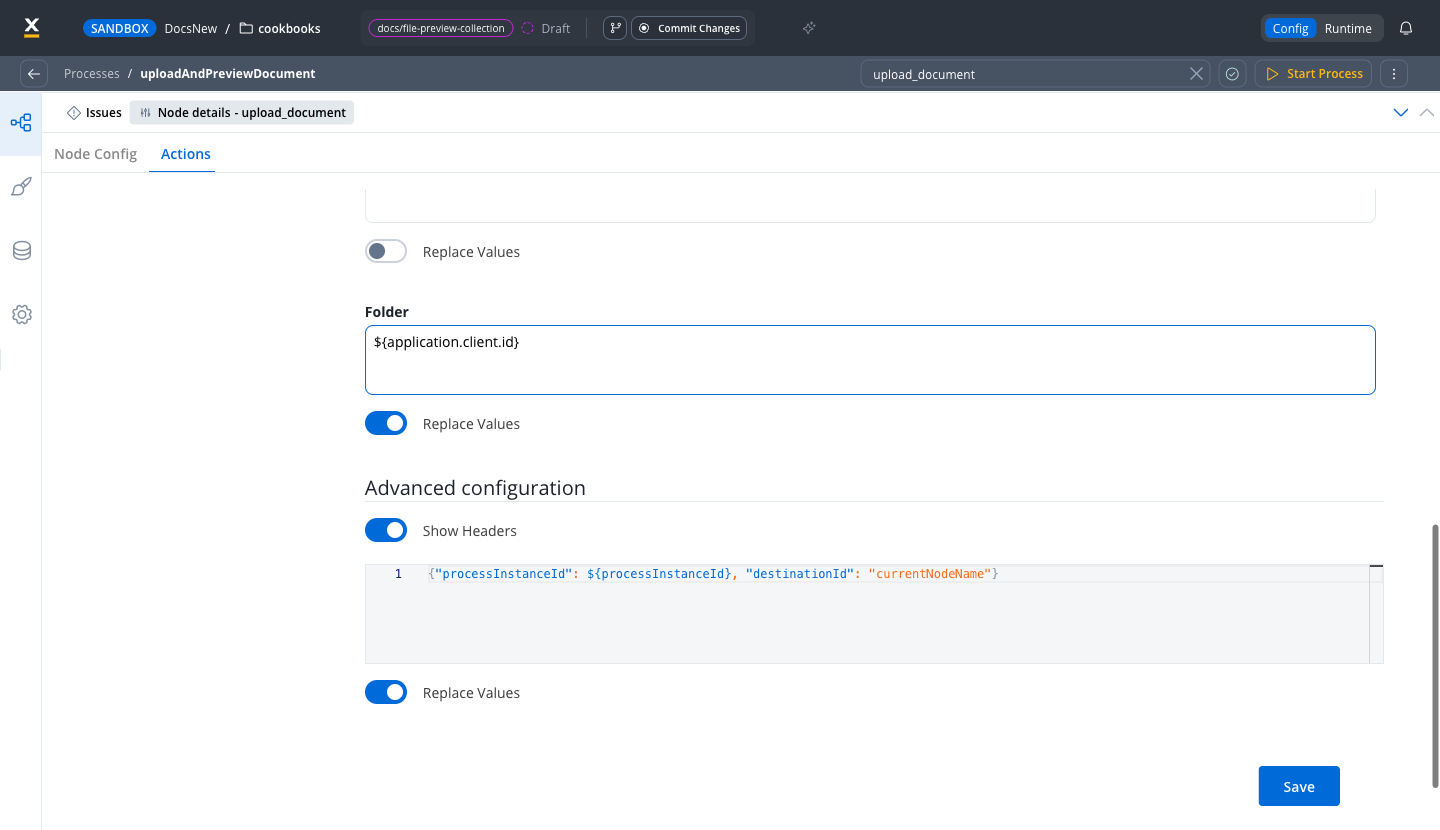 Upload File action headers with processInstanceId and destinationId