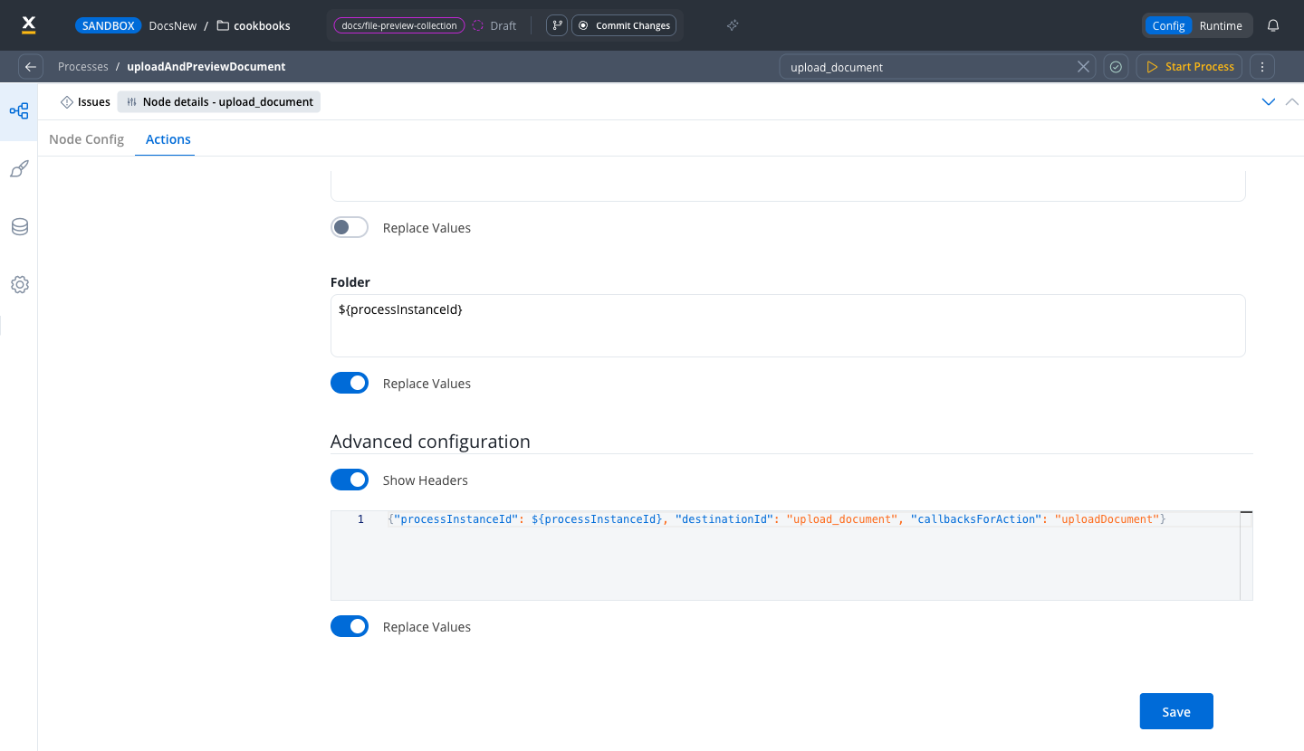 Upload File action Folder and headers with processInstanceId, destinationId, and callbacksForAction