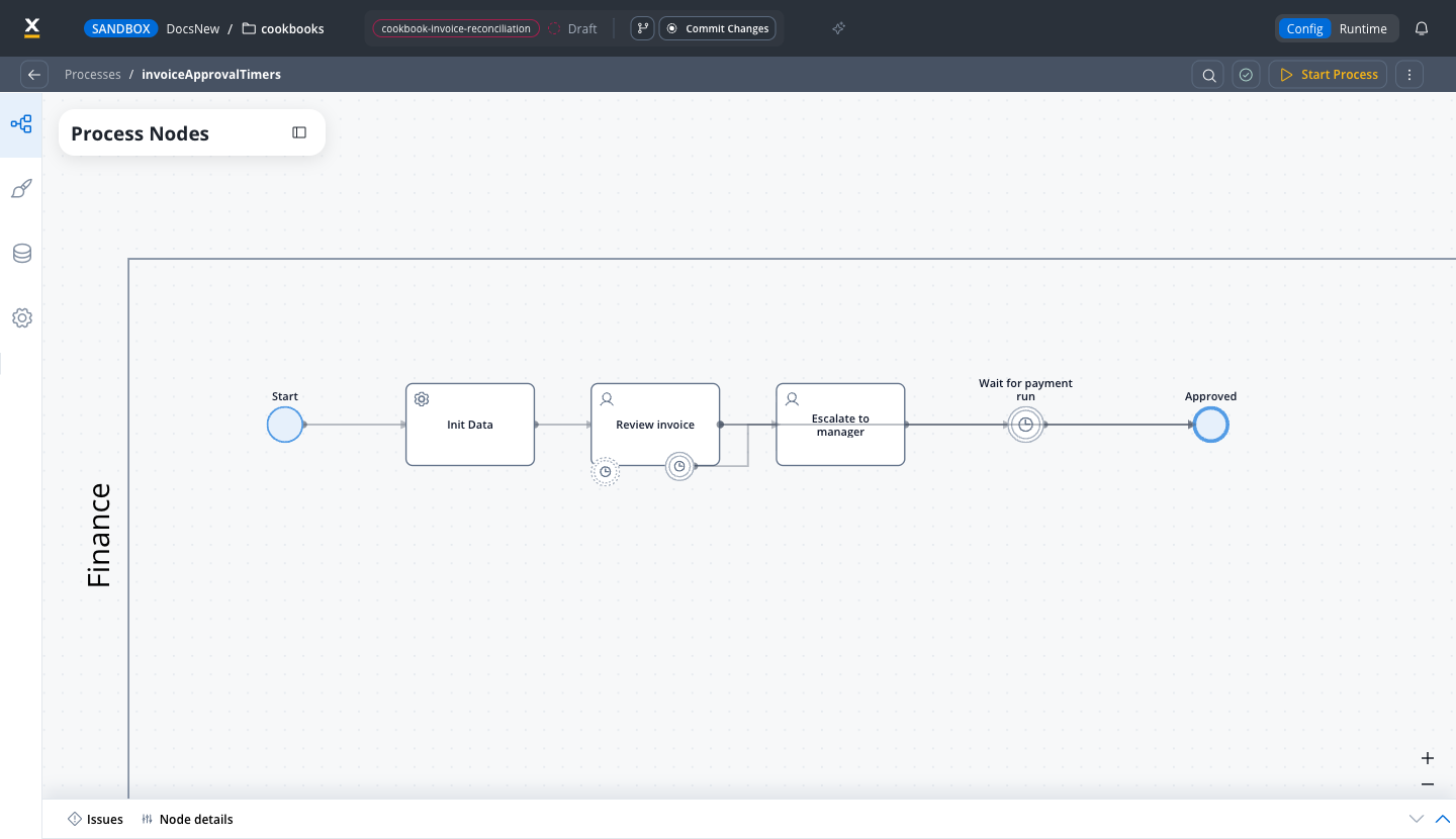 Process canvas of an invoice approval flow with a Timer Intermediate Event named Wait for payment run placed between the Escalate to manager user task and the Approved end event, and two timer boundary events attached to the Review invoice task