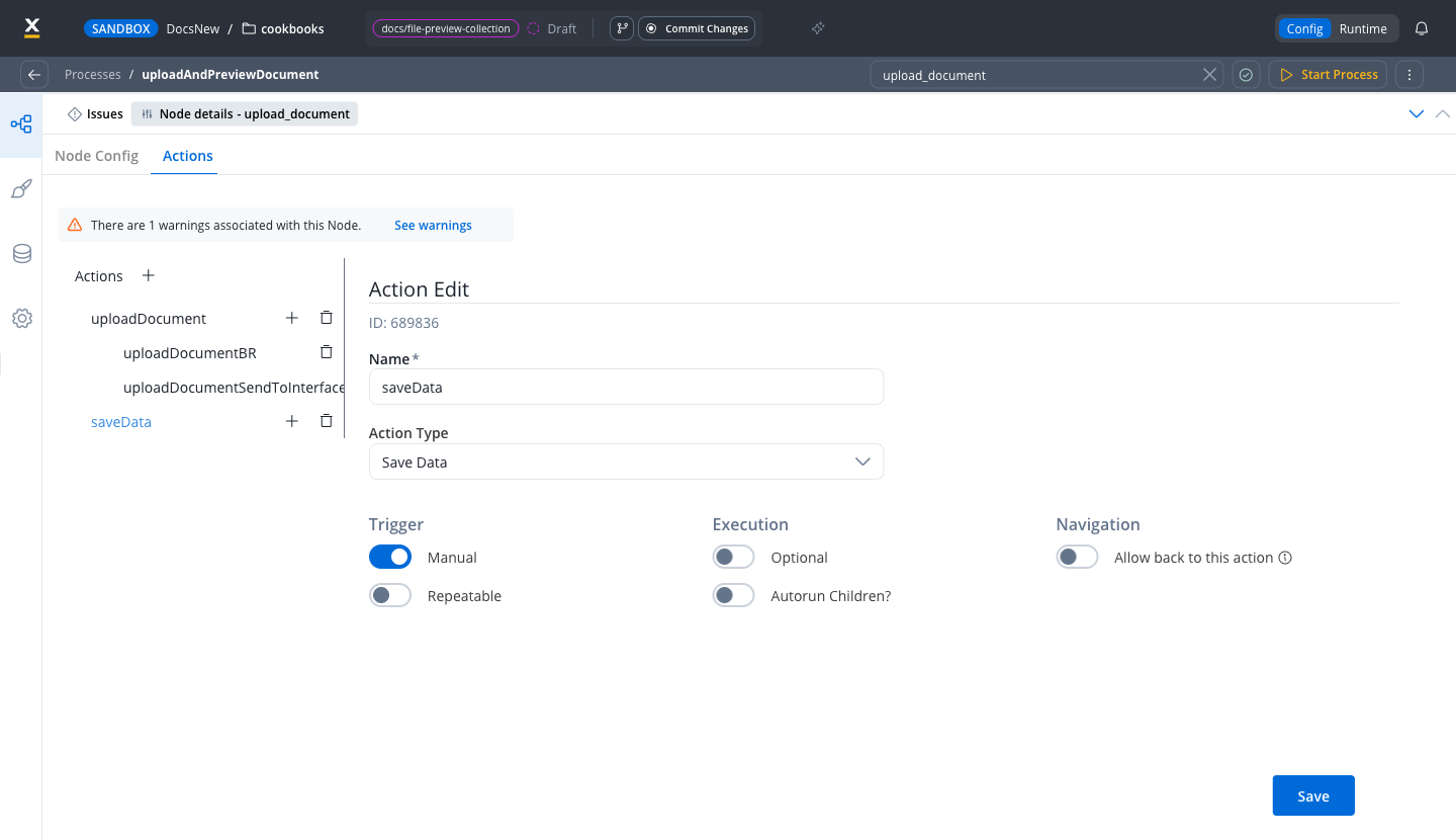 upload_document actions: an Upload File action with Business Rule and Send data to user interface child actions, and a Save Data action