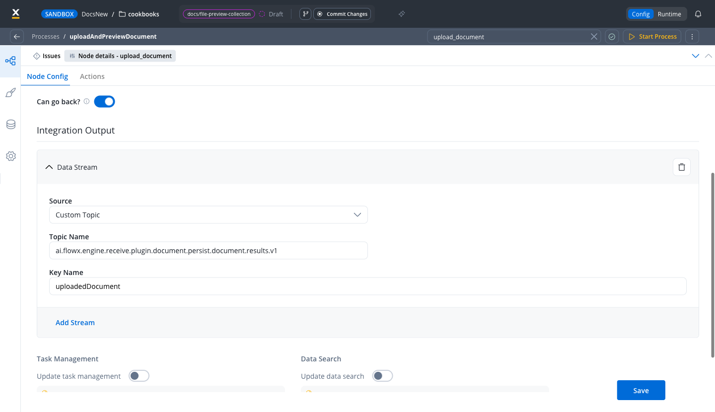 upload_document node config with a Custom Topic data stream on the persist reply topic and the key uploadedDocument