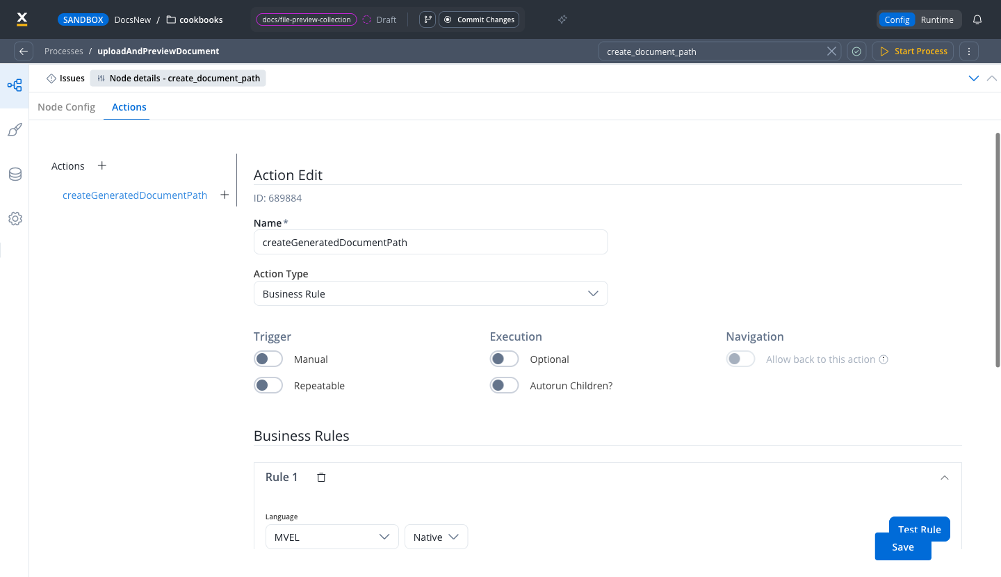 Business Rule action on the create_document_path node that builds the document file path