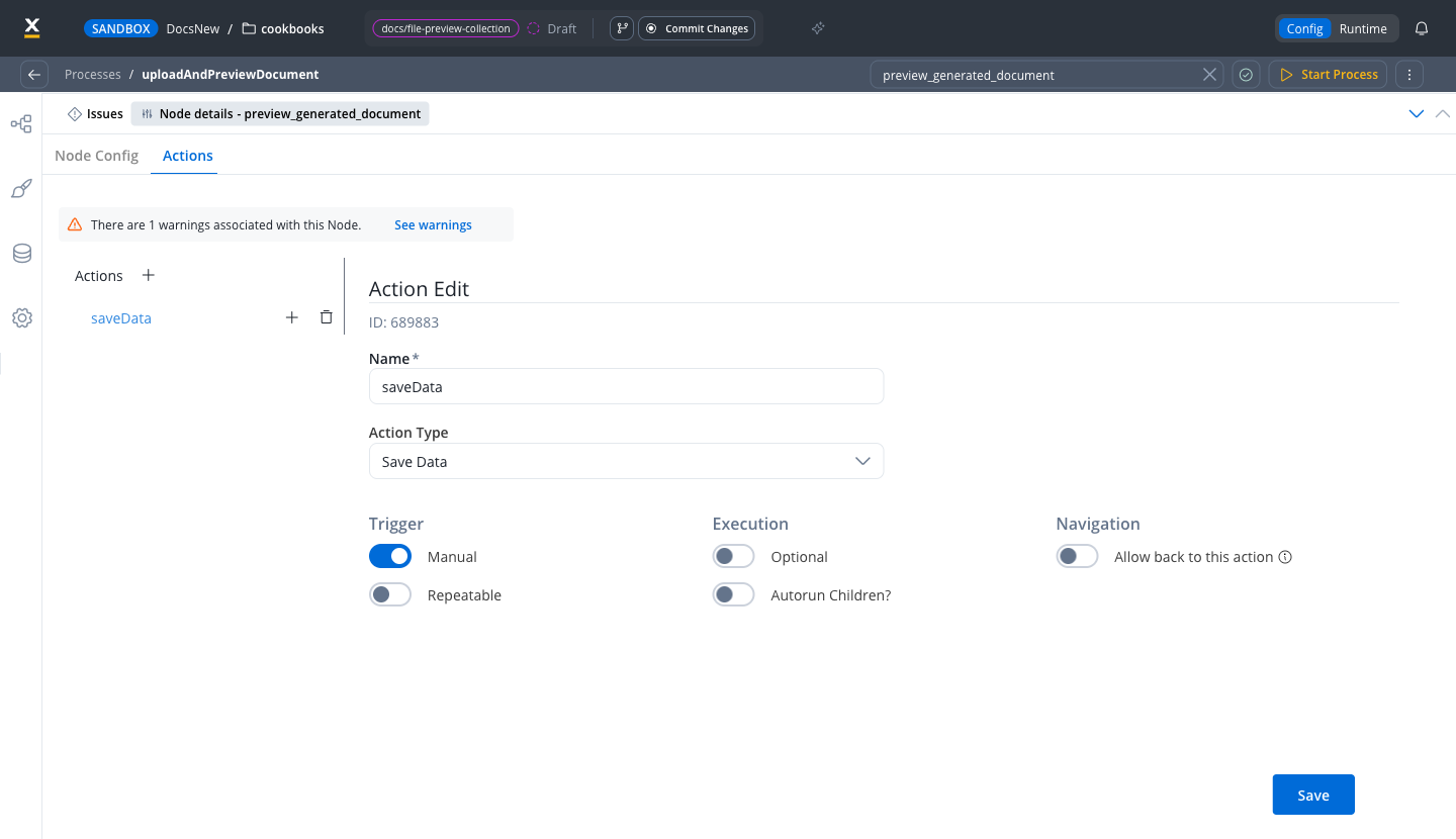 Save Data action on the preview_generated_document user task