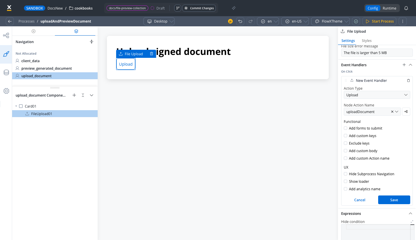 File Upload event handler with Action Type set to Upload