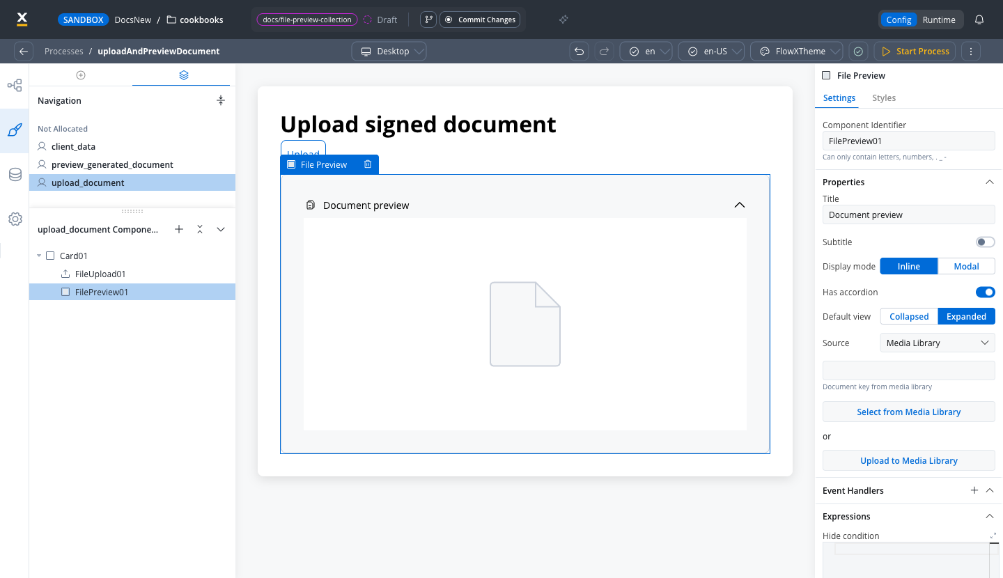 File Preview settings with Title, Display mode, Has accordion, Default view, and Source