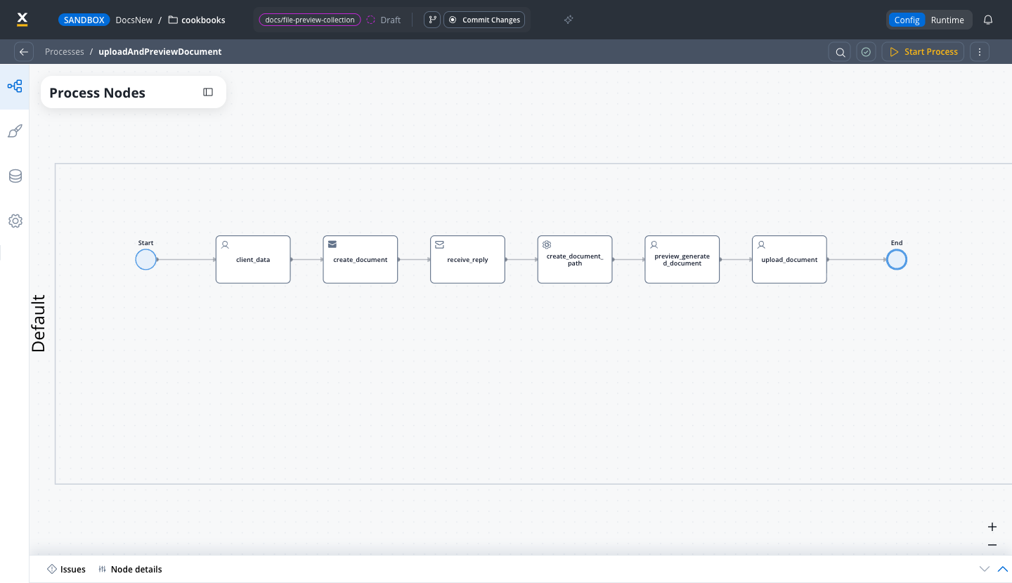 Upload and preview process with the client_data, create_document, receive_reply, create_document_path, preview_generated_document, and upload_document nodes