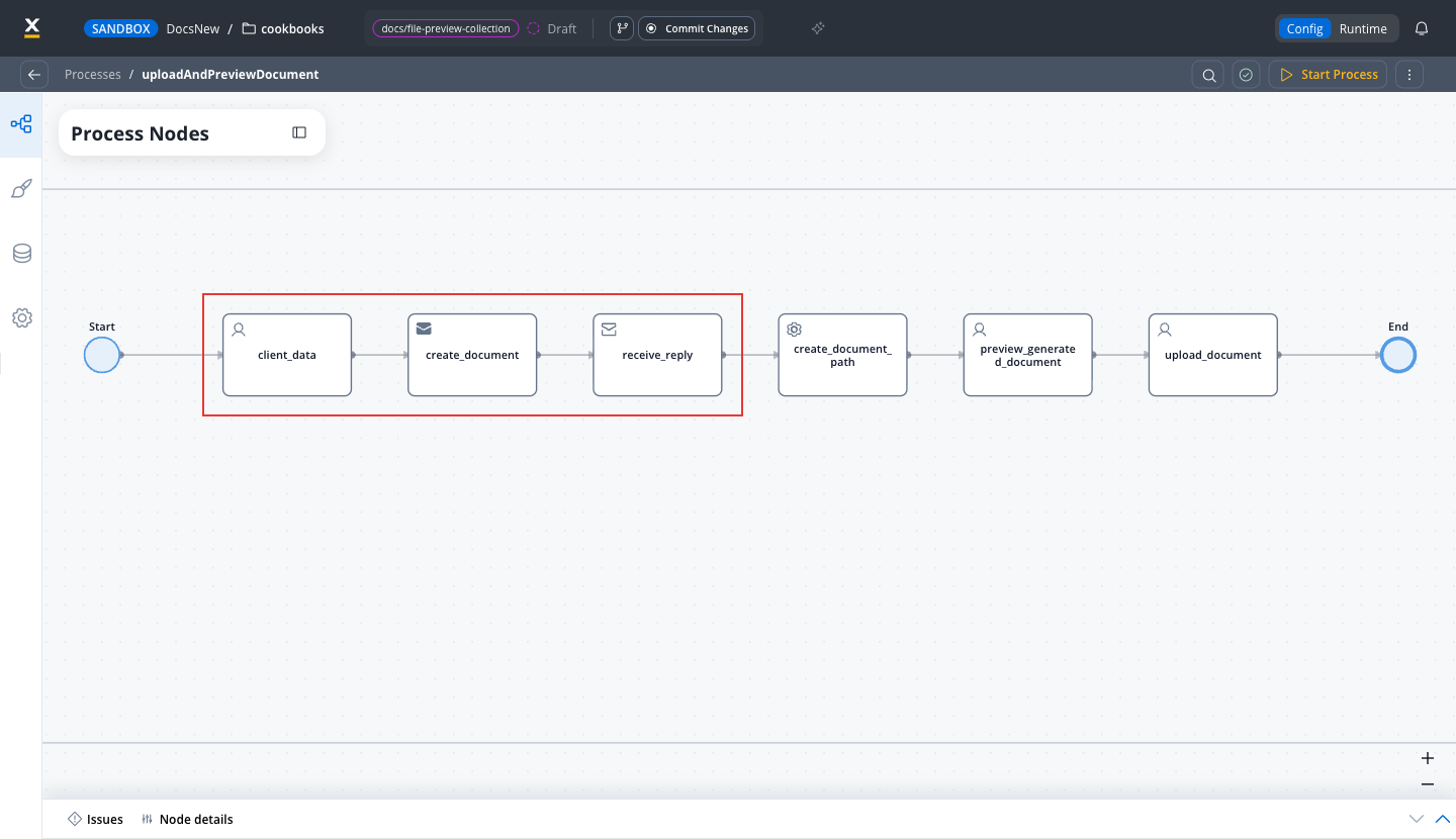Document generation part of the process highlighted, from client_data to receive_reply