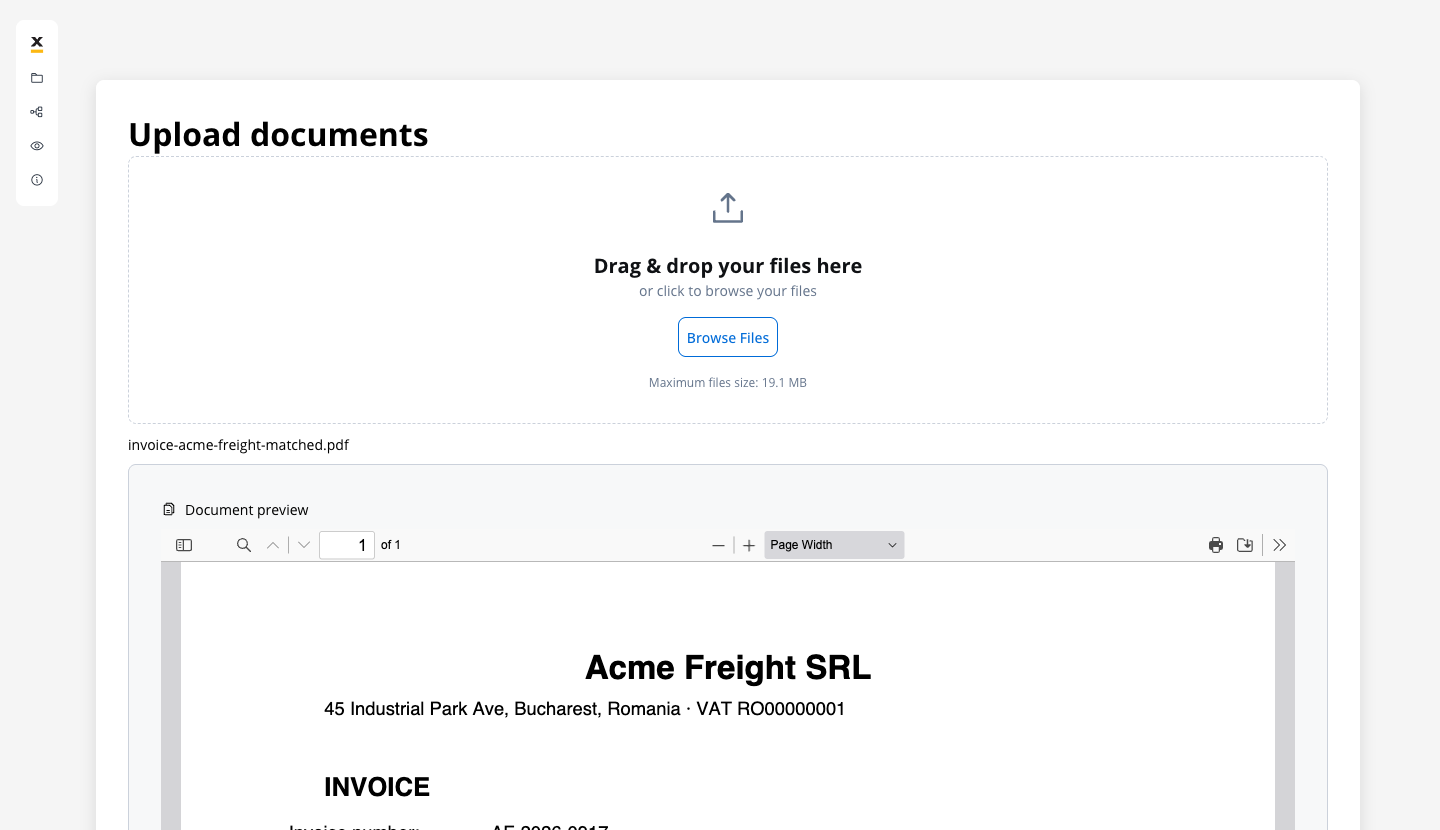 Upload documents user task at runtime with a Multiple File Upload drop zone and a File Preview of the uploaded invoice