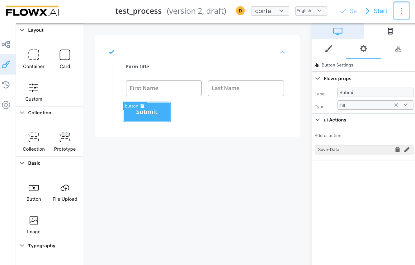 Button configuration for a save action