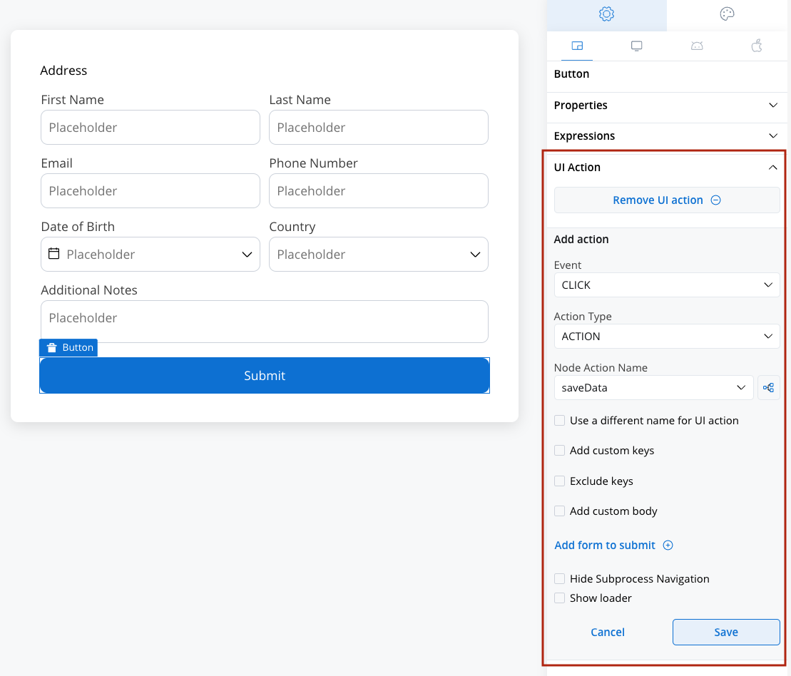 UI Action Configuration Options