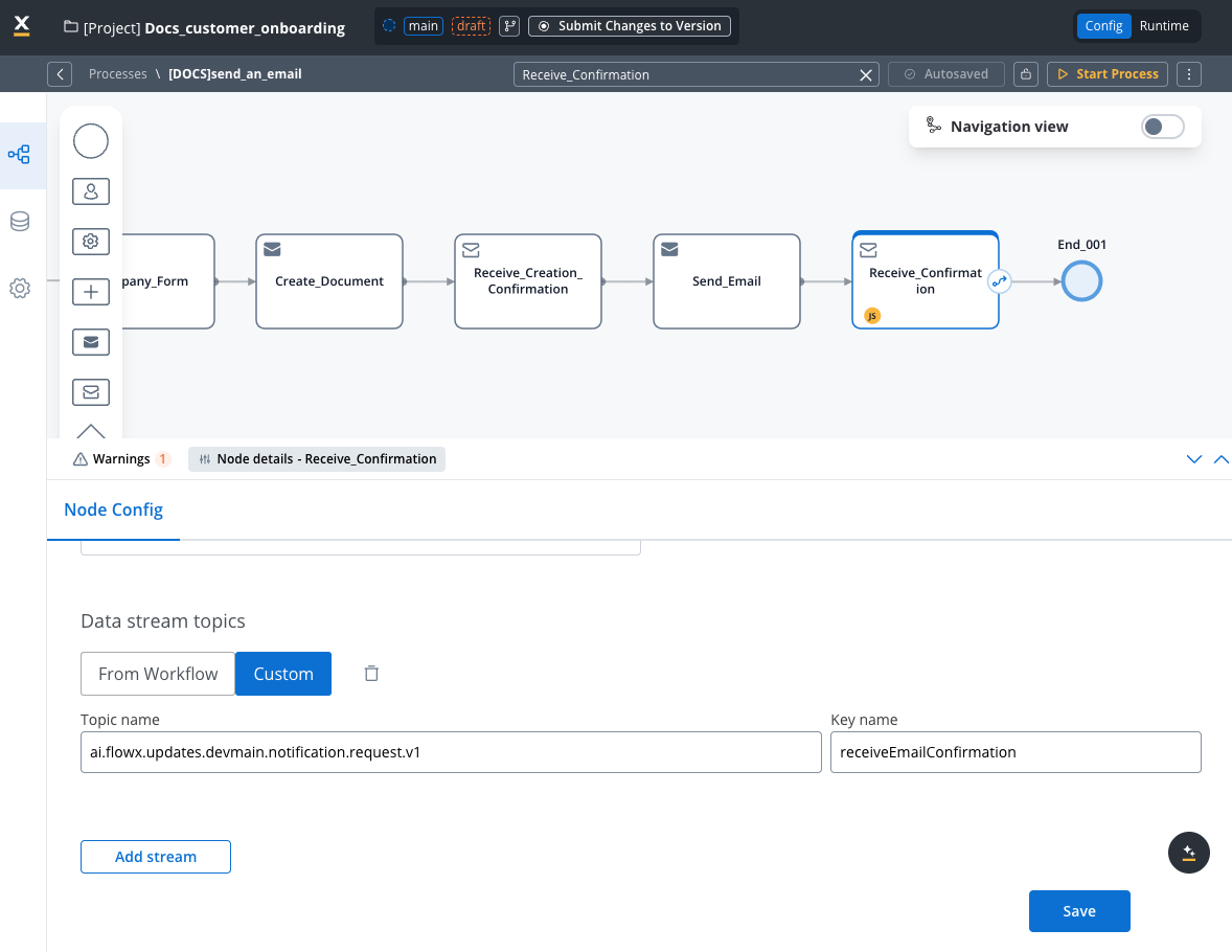 Kafka receive action configuration
