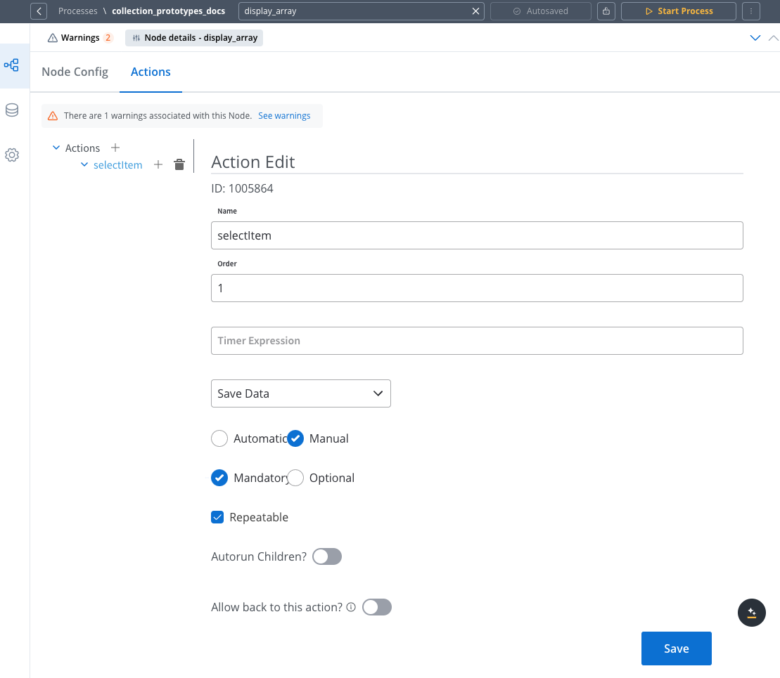 Configuration screen for node action setup