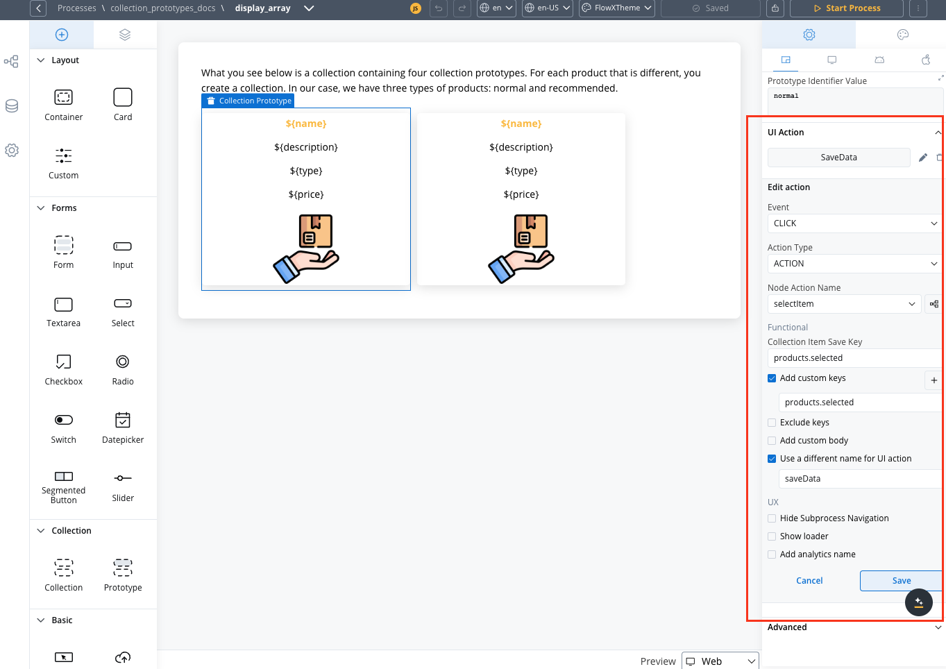 Configuration screen for UI action setup
