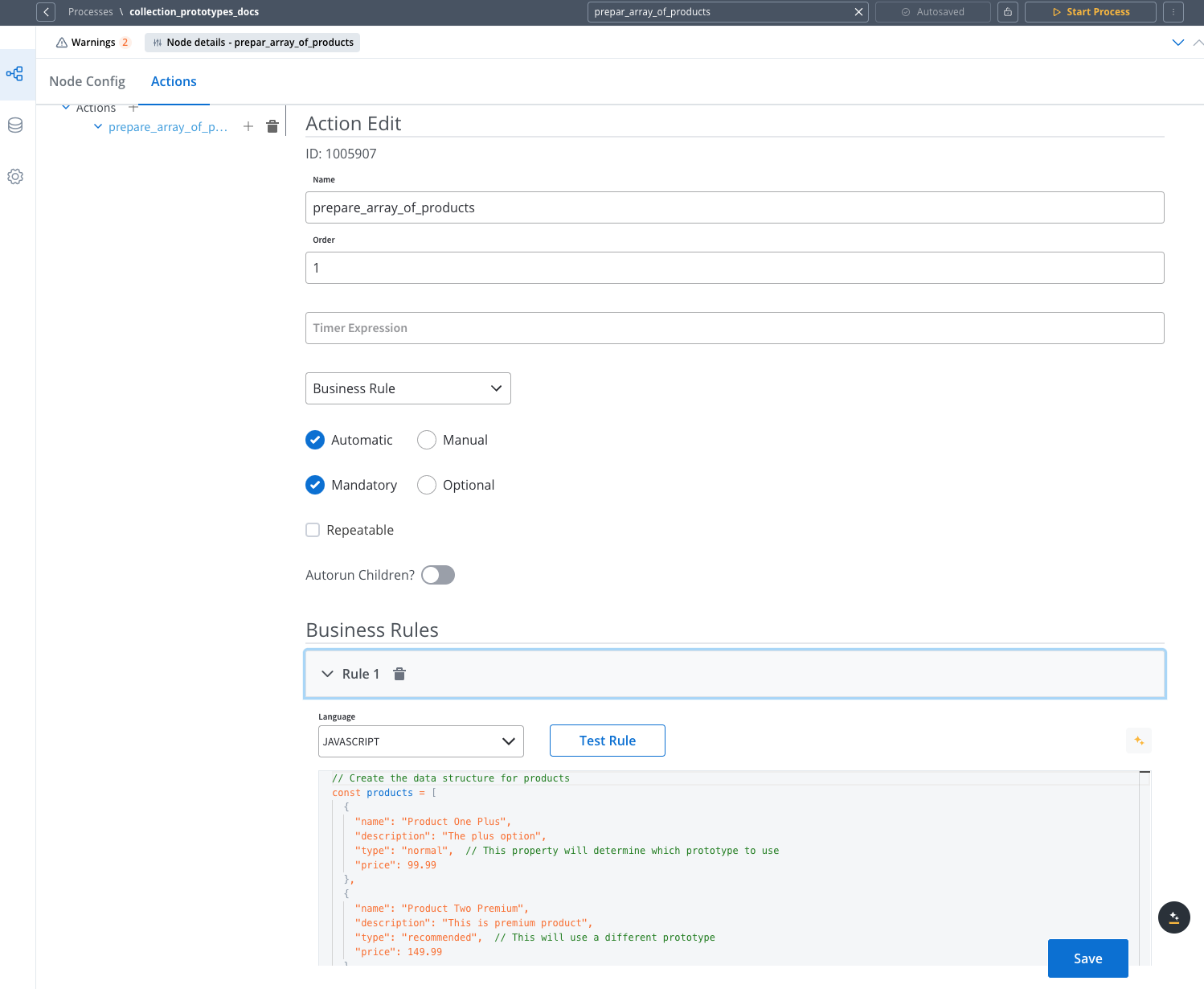 Configuring a business rule in a Service Task node