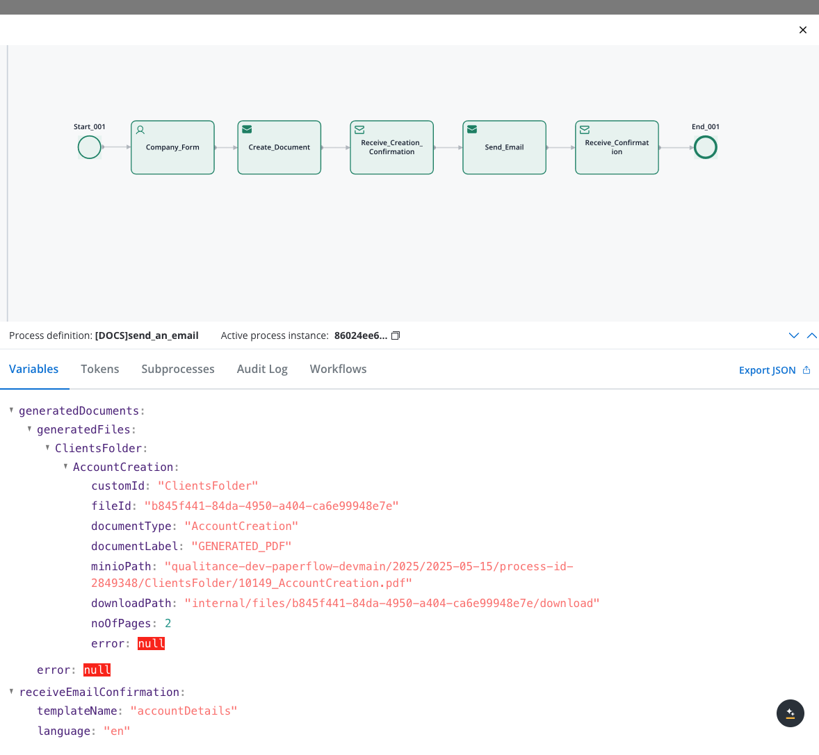 Process instance details showing email success