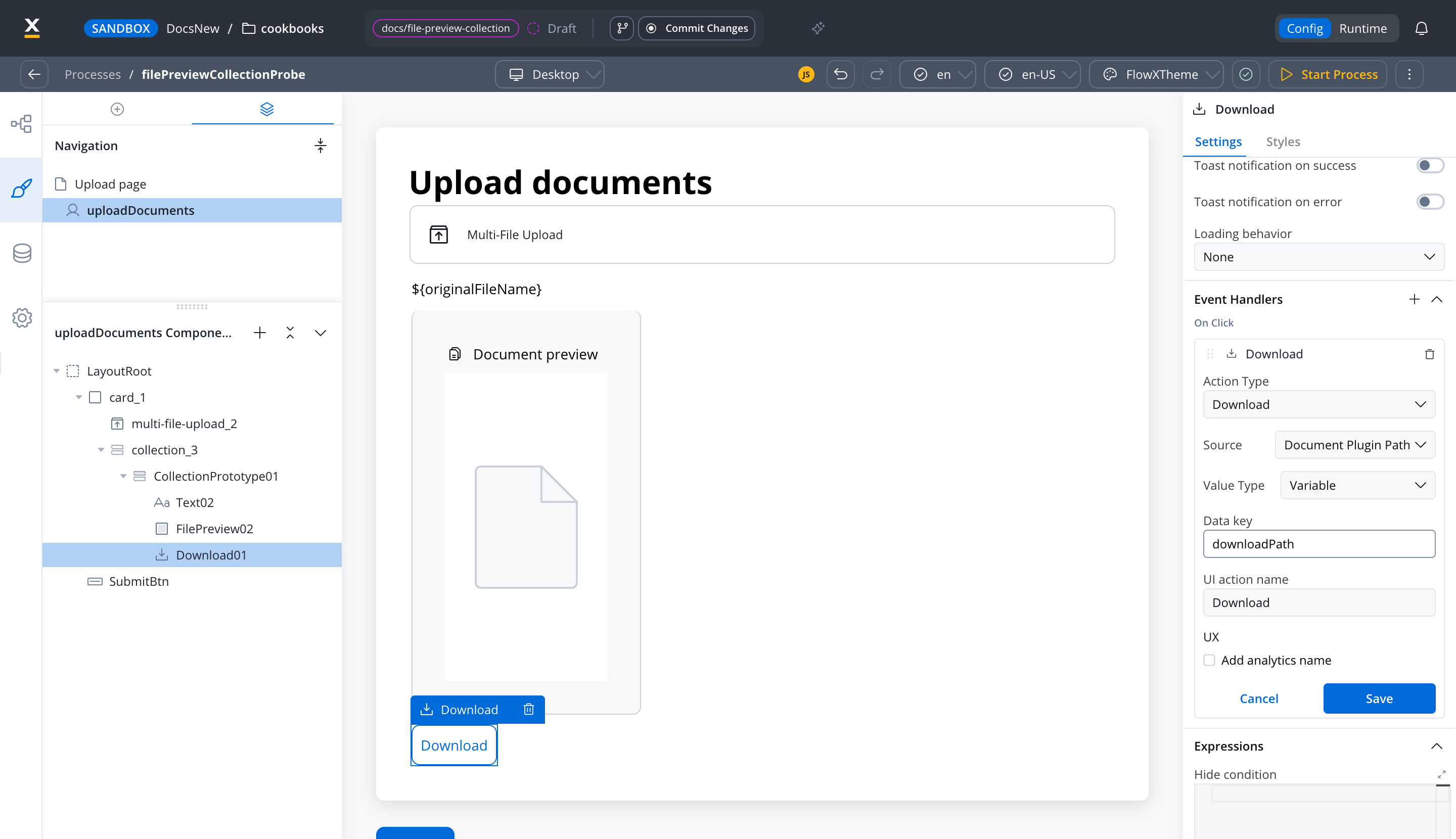 Download event handler on a File Download component, with Source set to Document Plugin Path and Data key set to downloadPath
