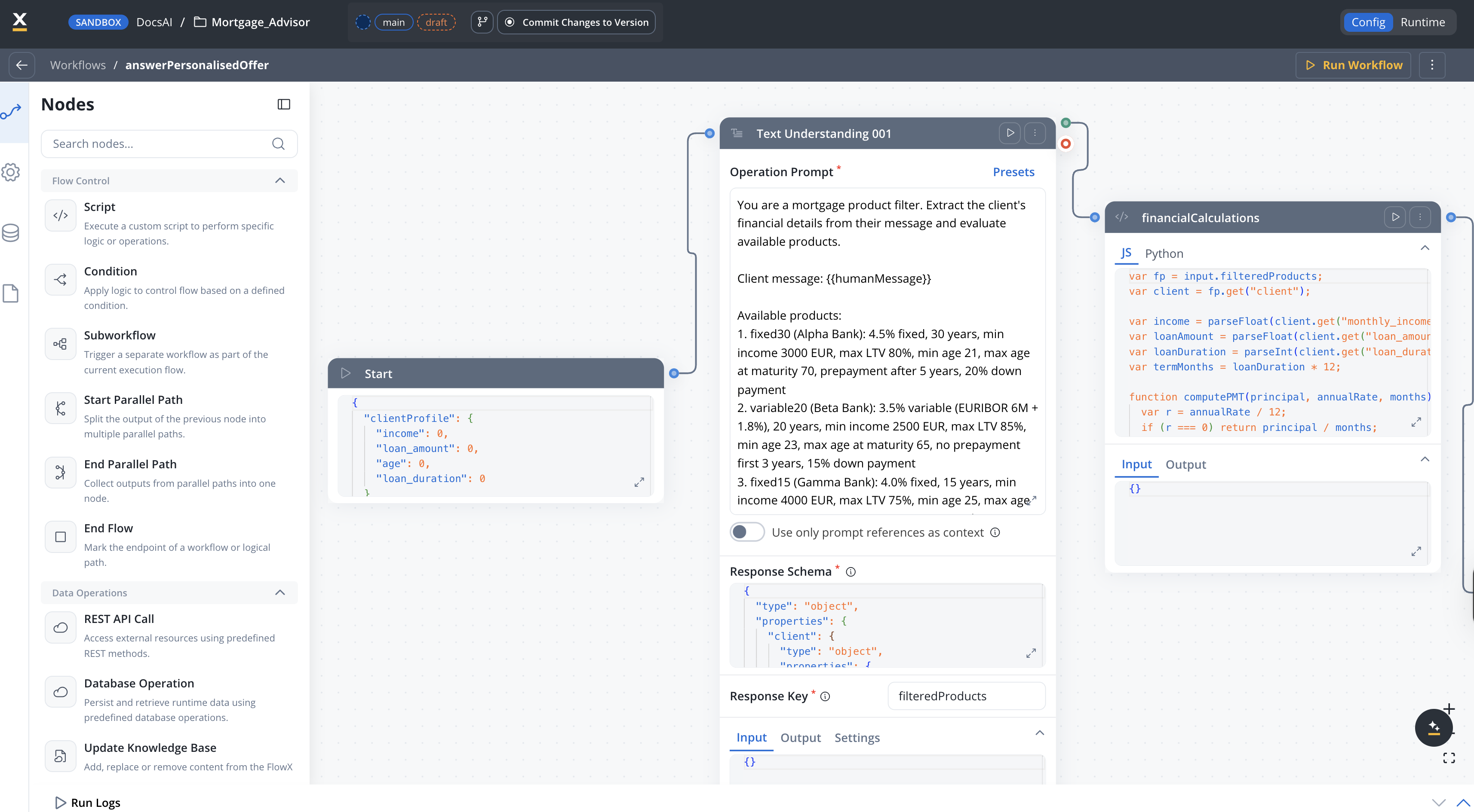 answerPersonalisedOffer workflow showing Text Understanding, financialCalculations, scoringRanking, and End Flow nodes