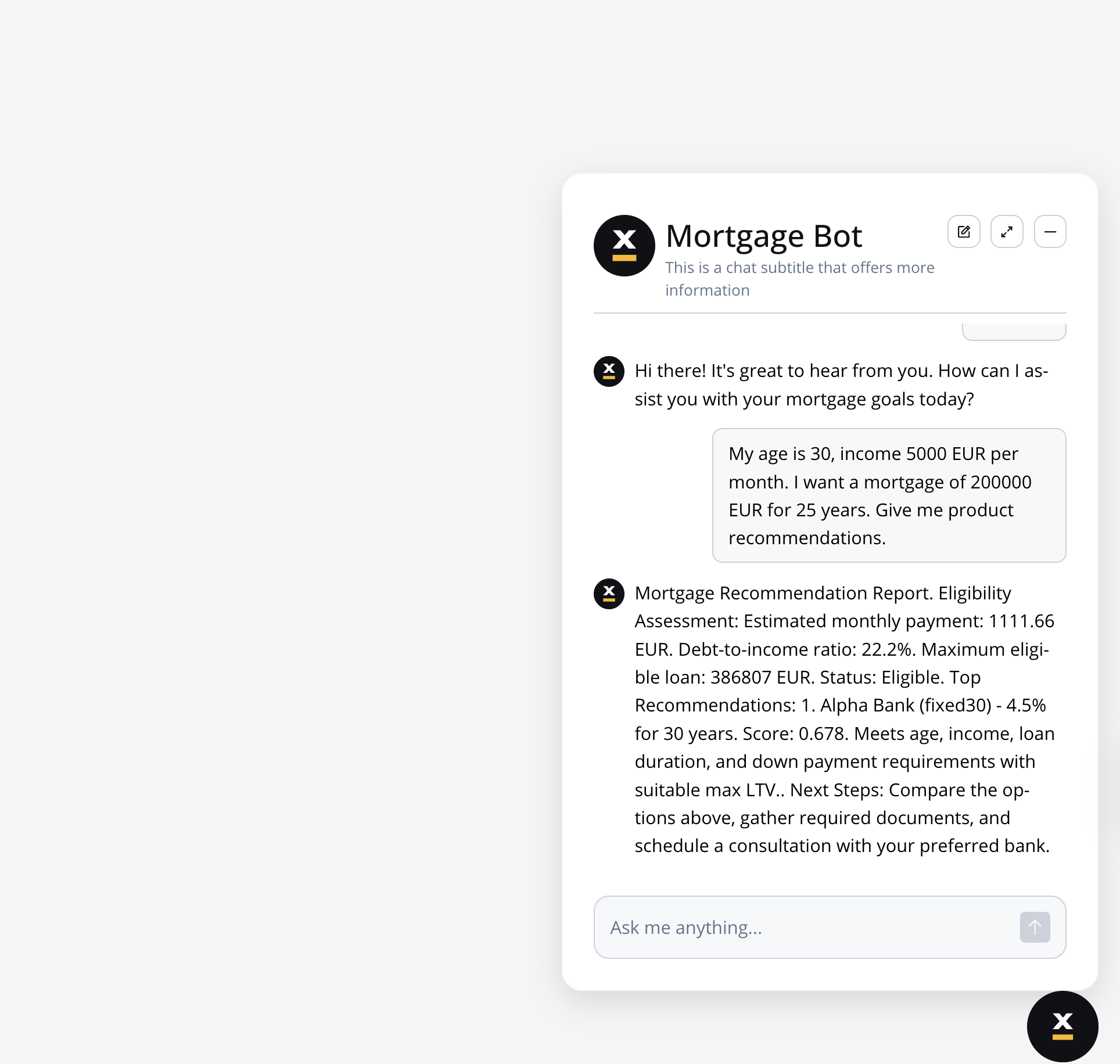 Chat UI showing mortgage recommendation report with eligibility assessment and product recommendations