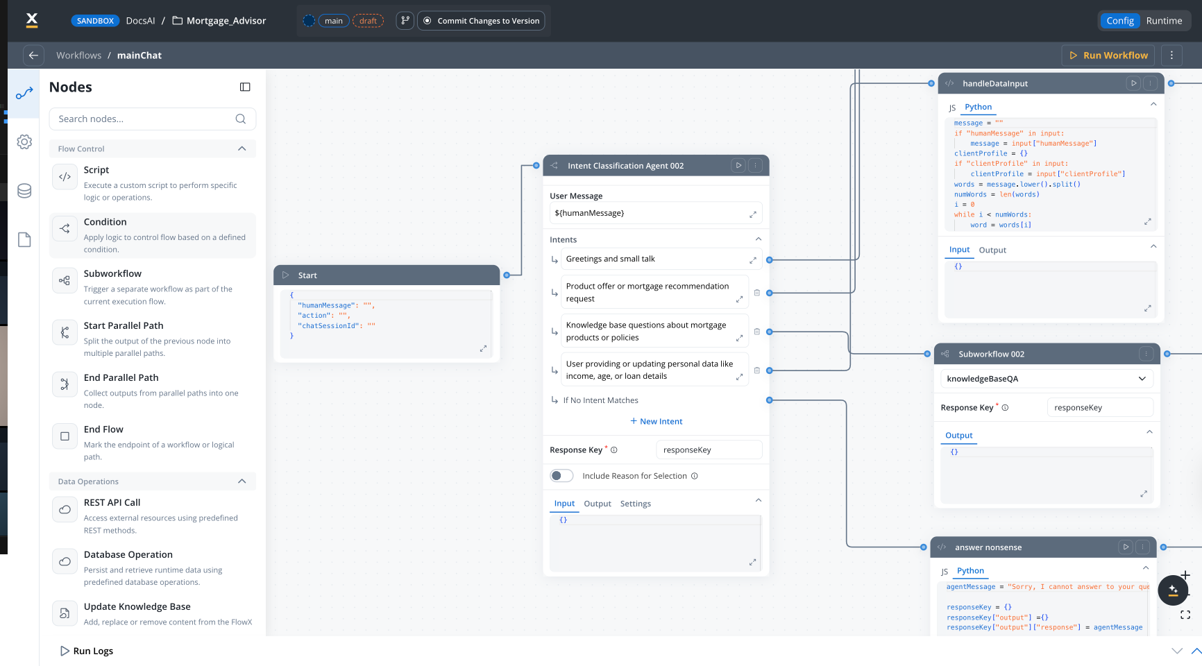 mainChat workflow showing Intent Classification Agent with branches to handlers