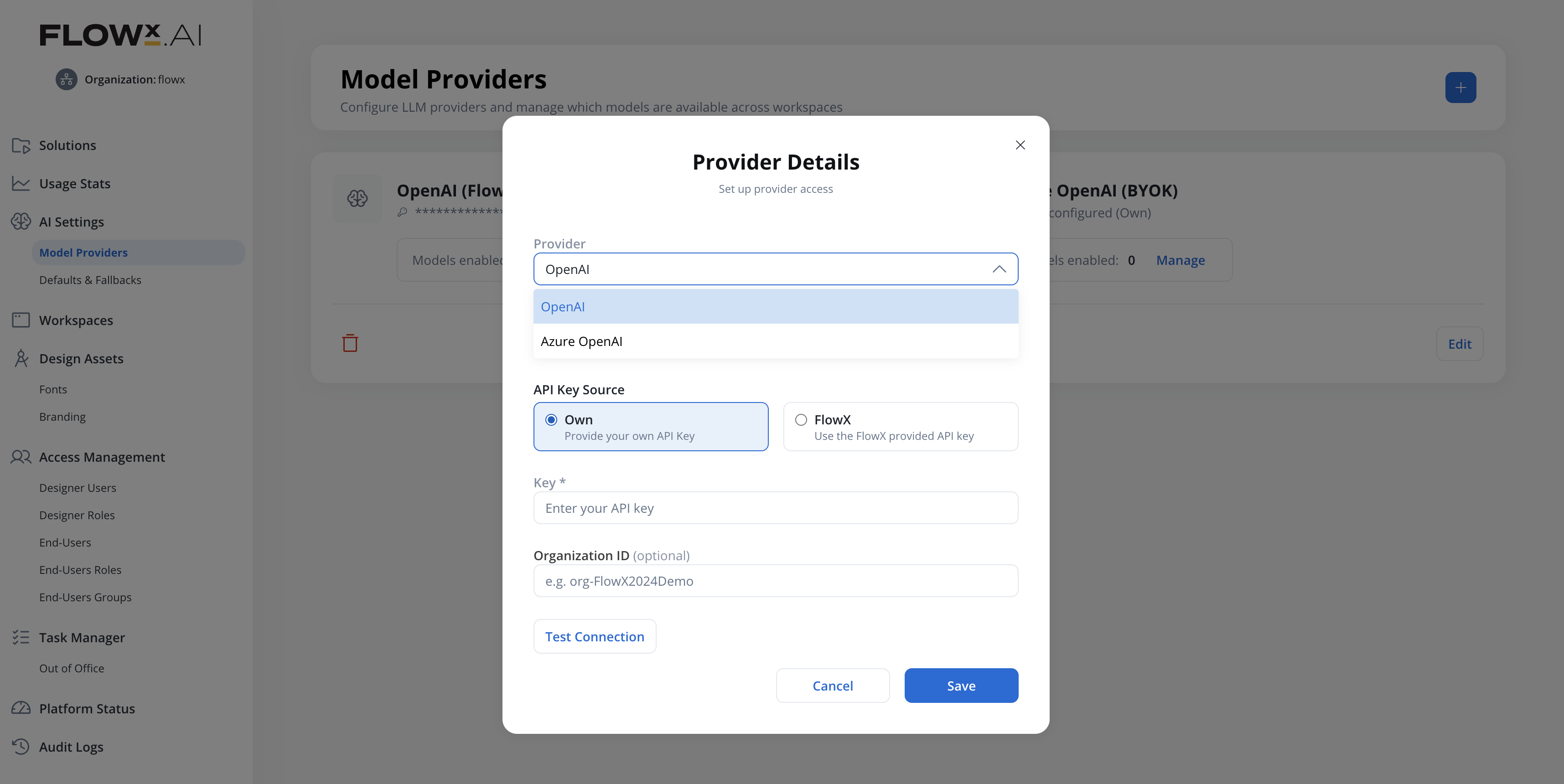 Provider Details modal showing OpenAI and Azure OpenAI as provider options