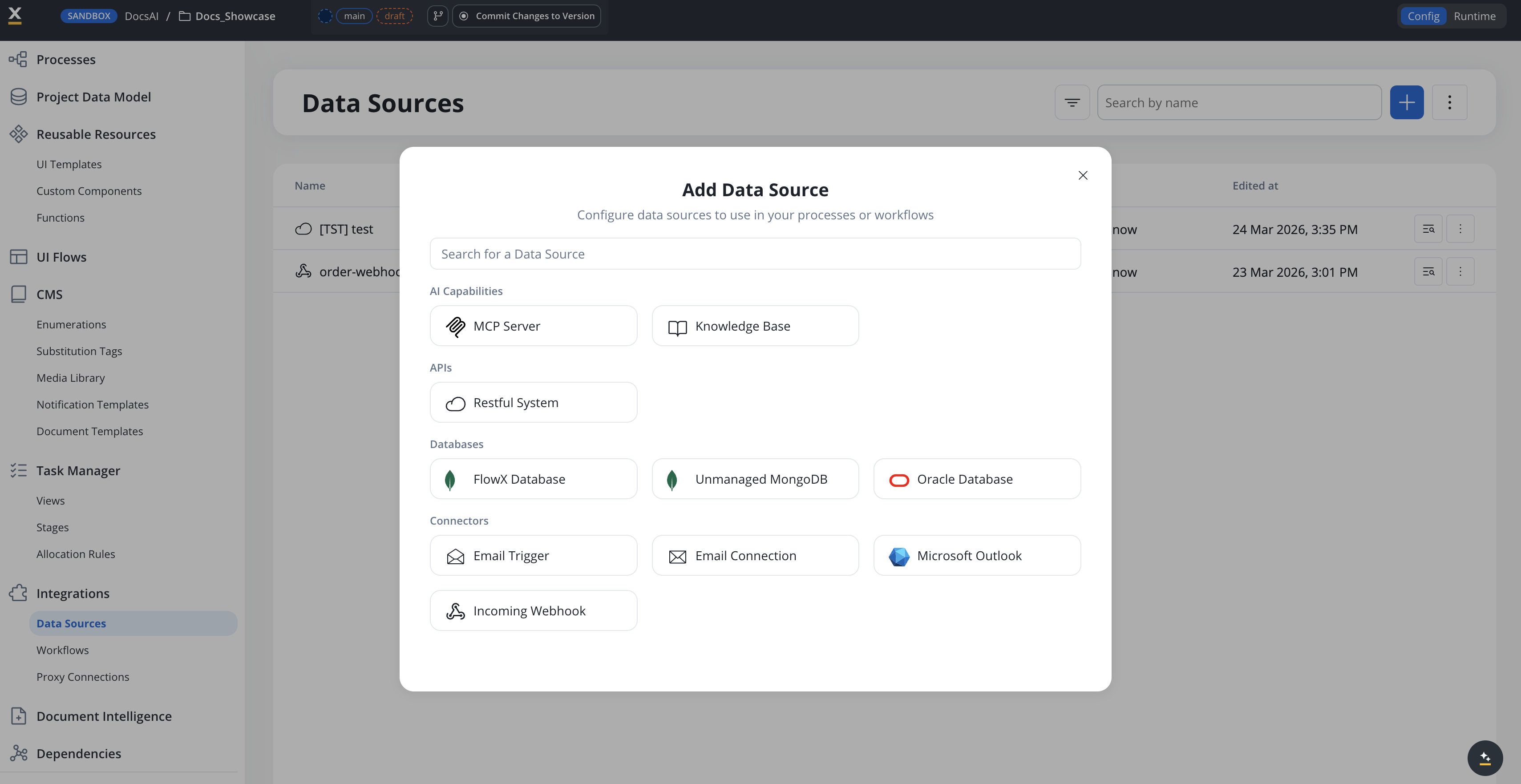 New Add Data Source dialog with categorized data source types