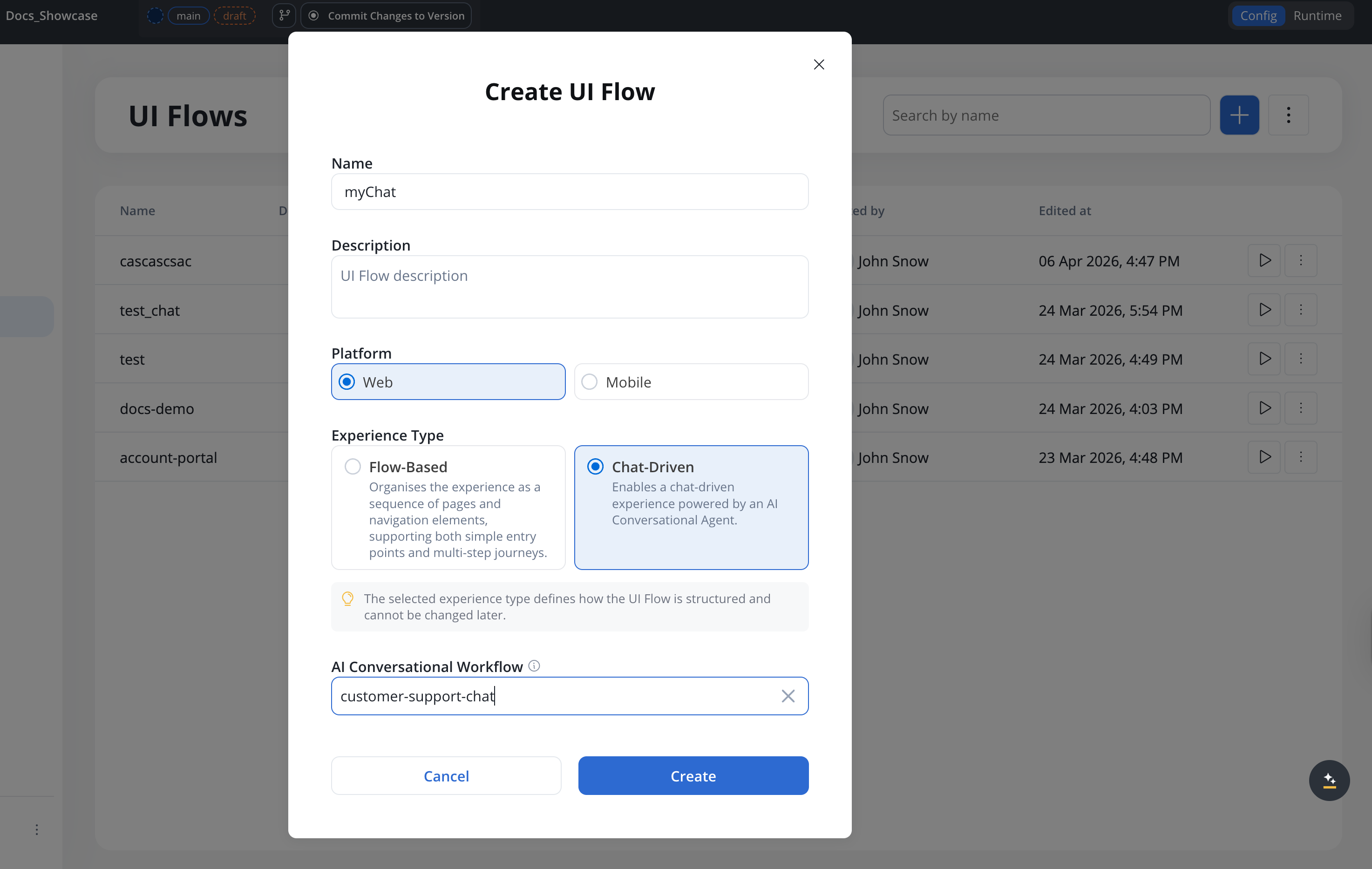 Chat-based UI Flow configuration