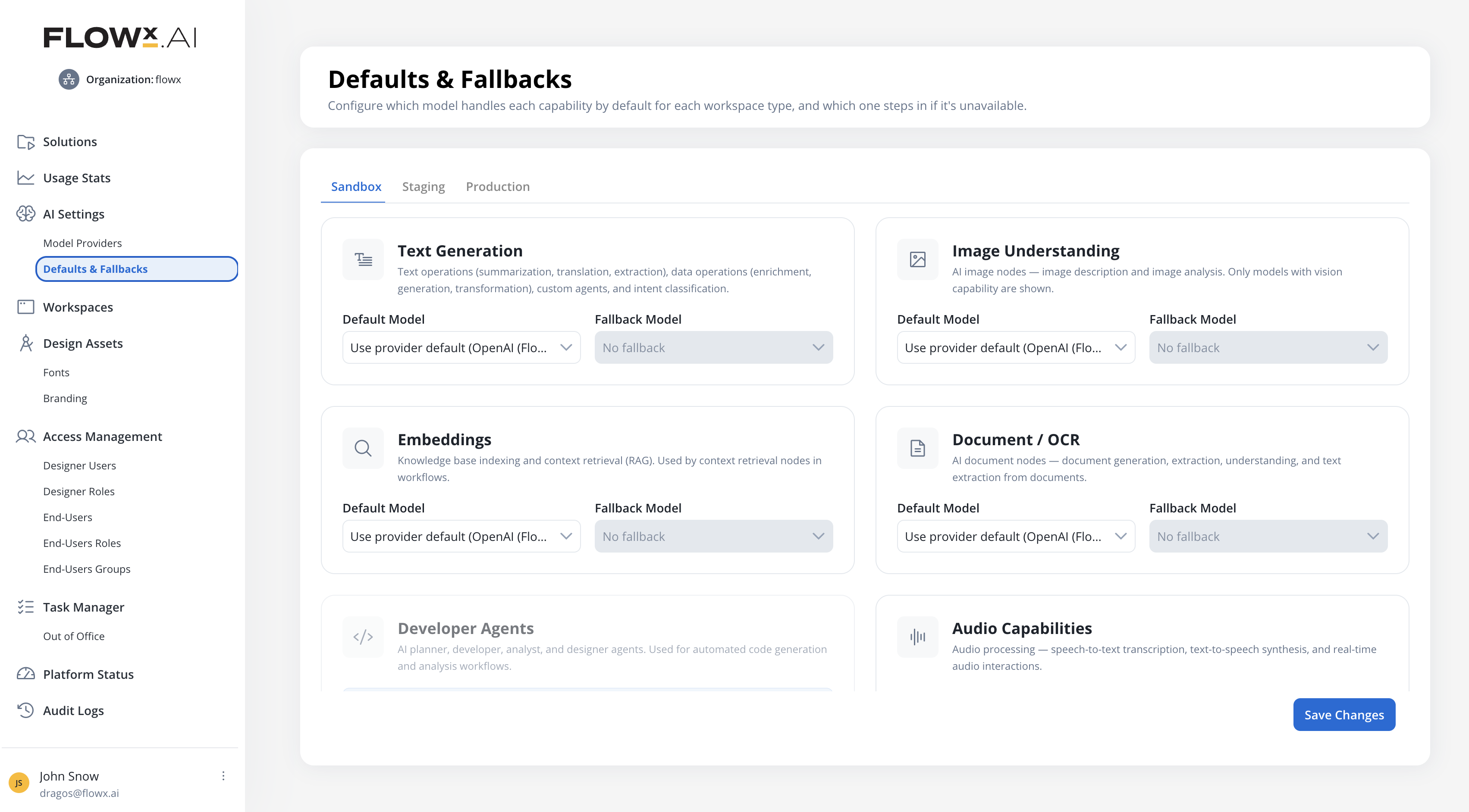 Defaults and Fallbacks page with capability rows including Audio Capabilities