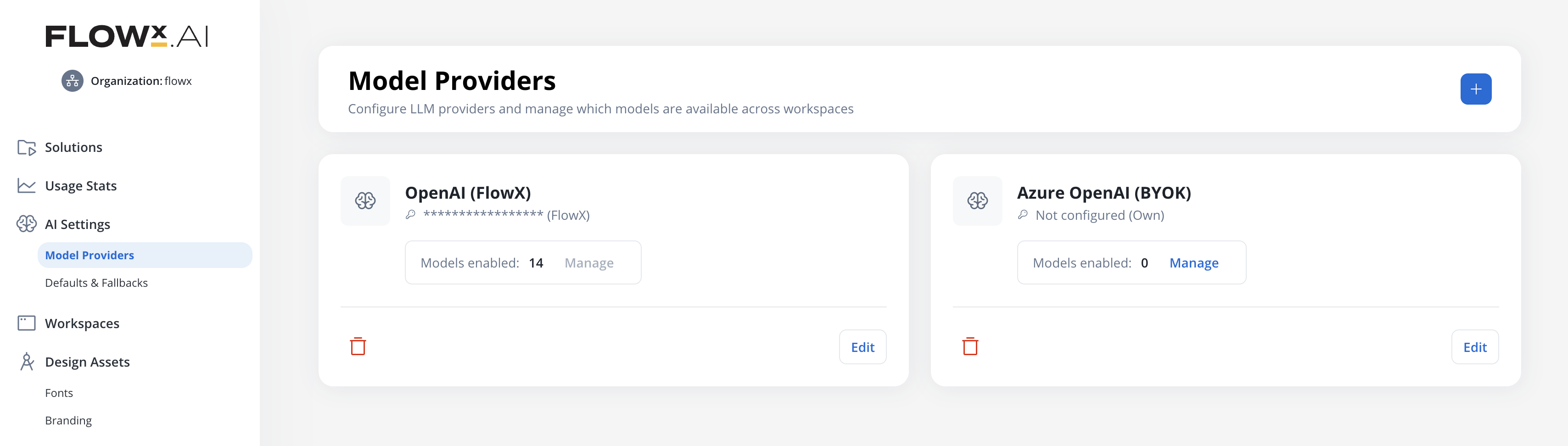 Model Providers page with OpenAI and Azure OpenAI configured at the organization level