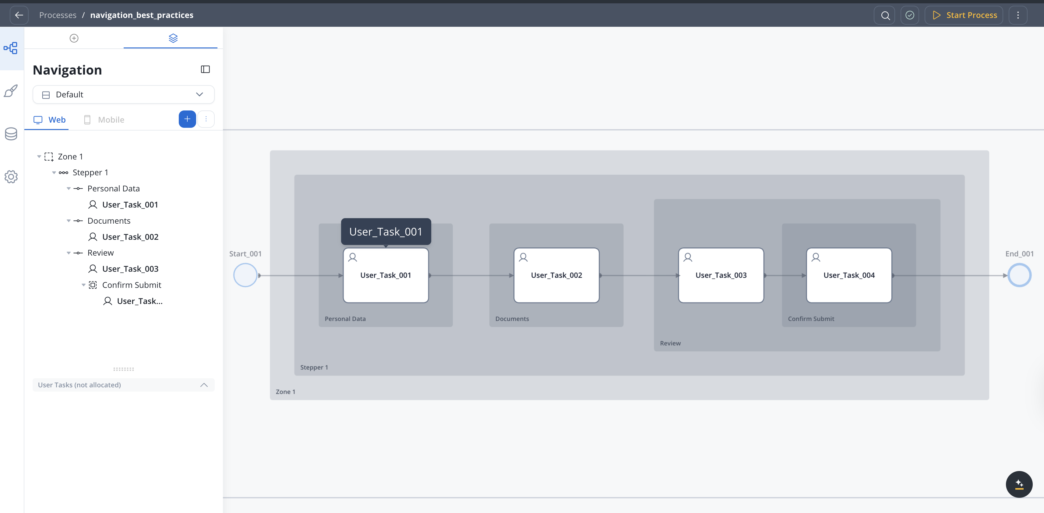 Correct navigation structure — modal as leaf under a step