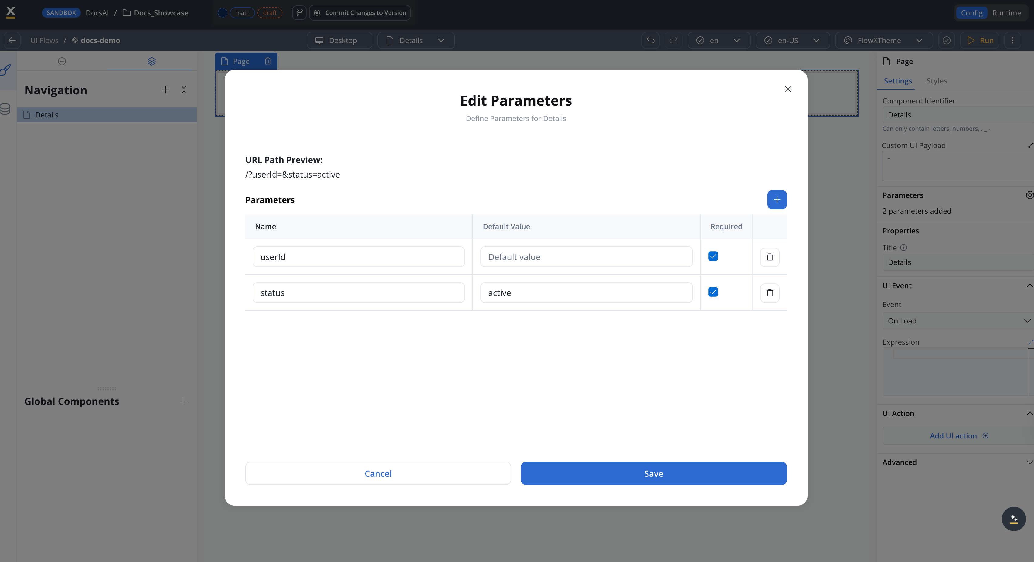 Edit Parameters modal showing route parameters with URL path preview
