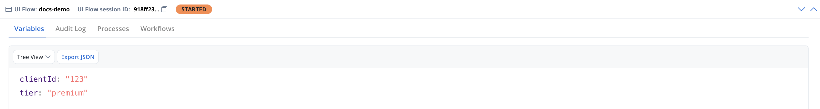 Variables tab in the UI Flow session console showing session variables