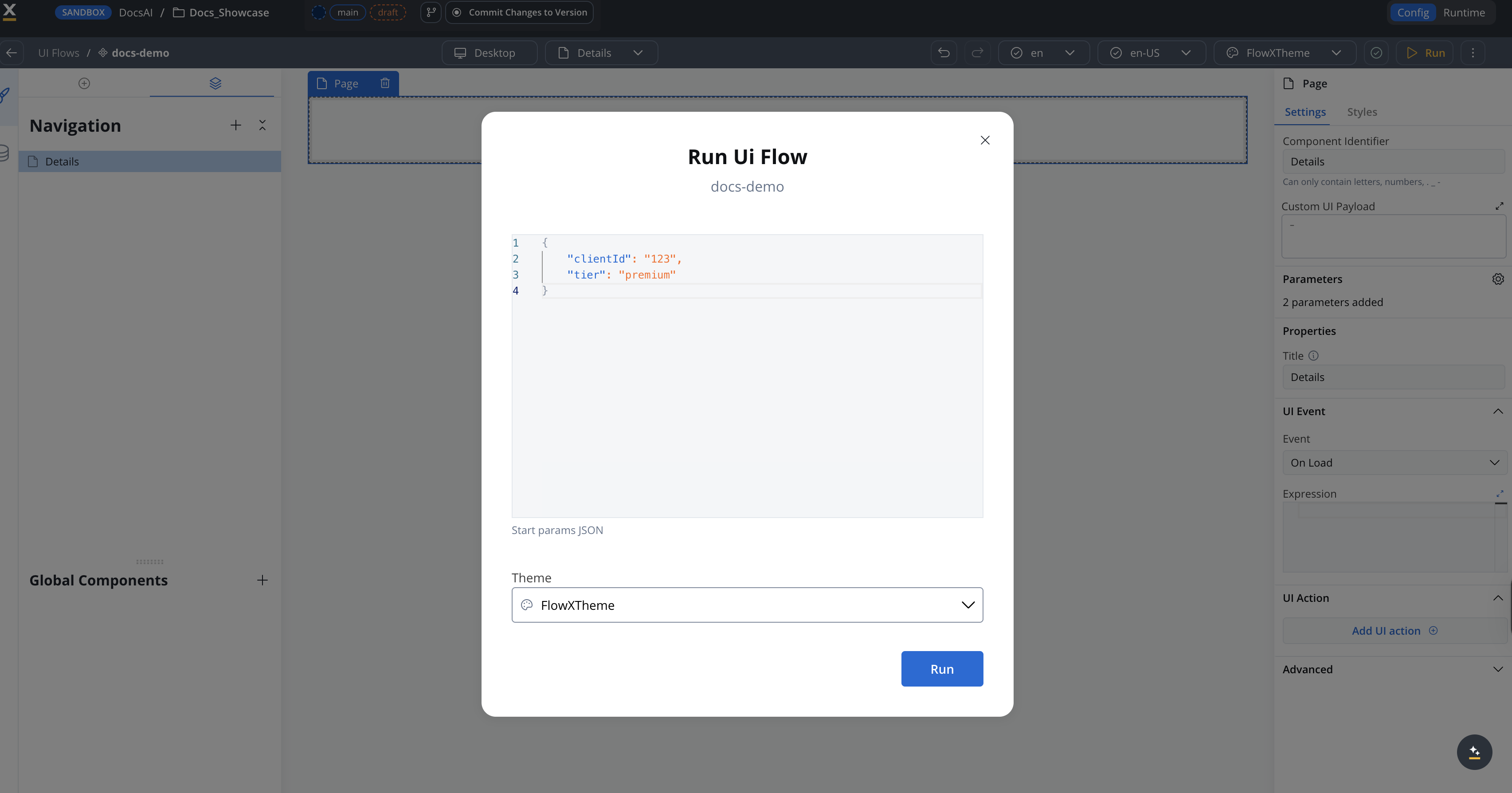 Run UI Flow dialog with Start params JSON editor