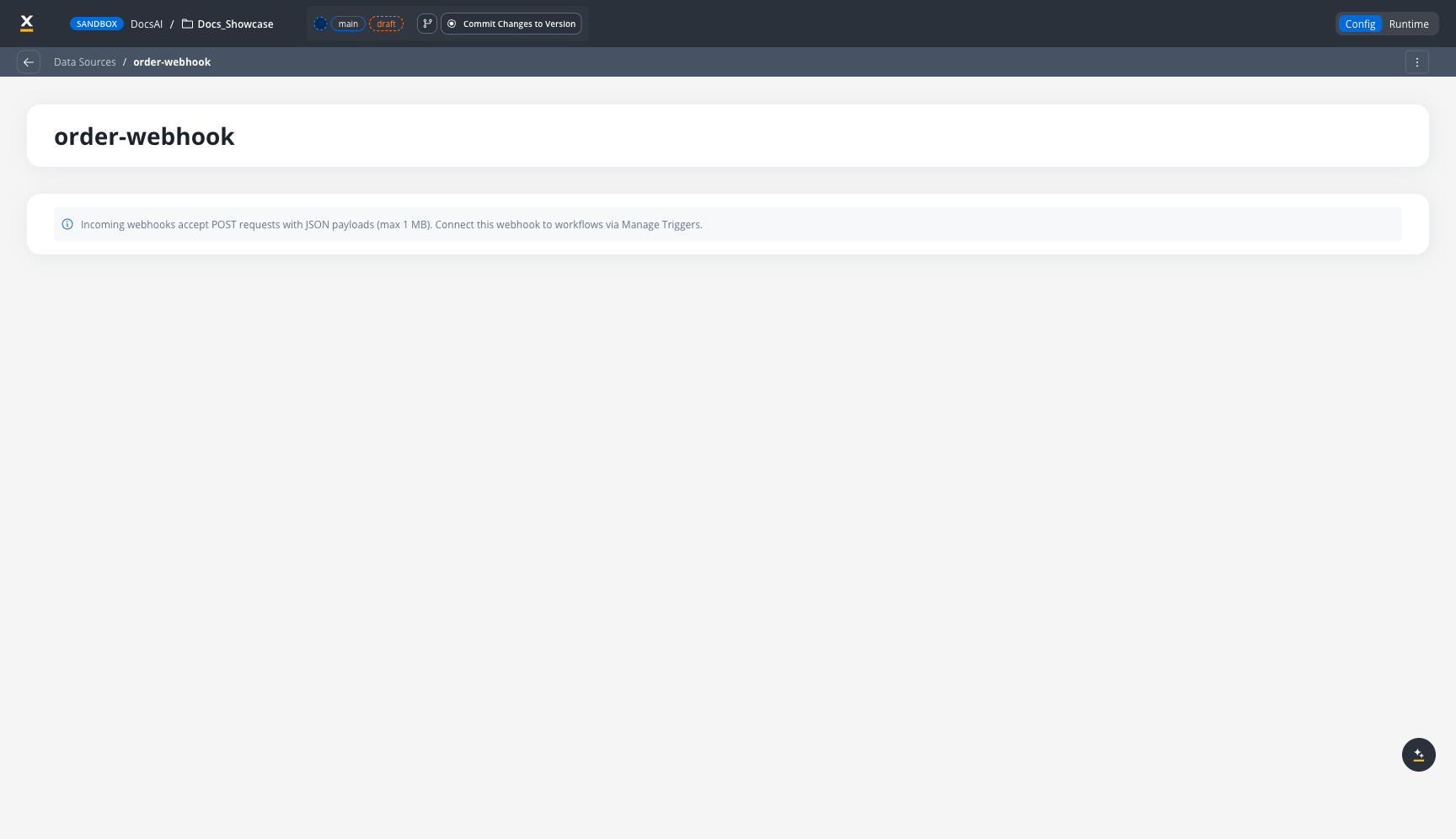 Incoming Webhook data source page