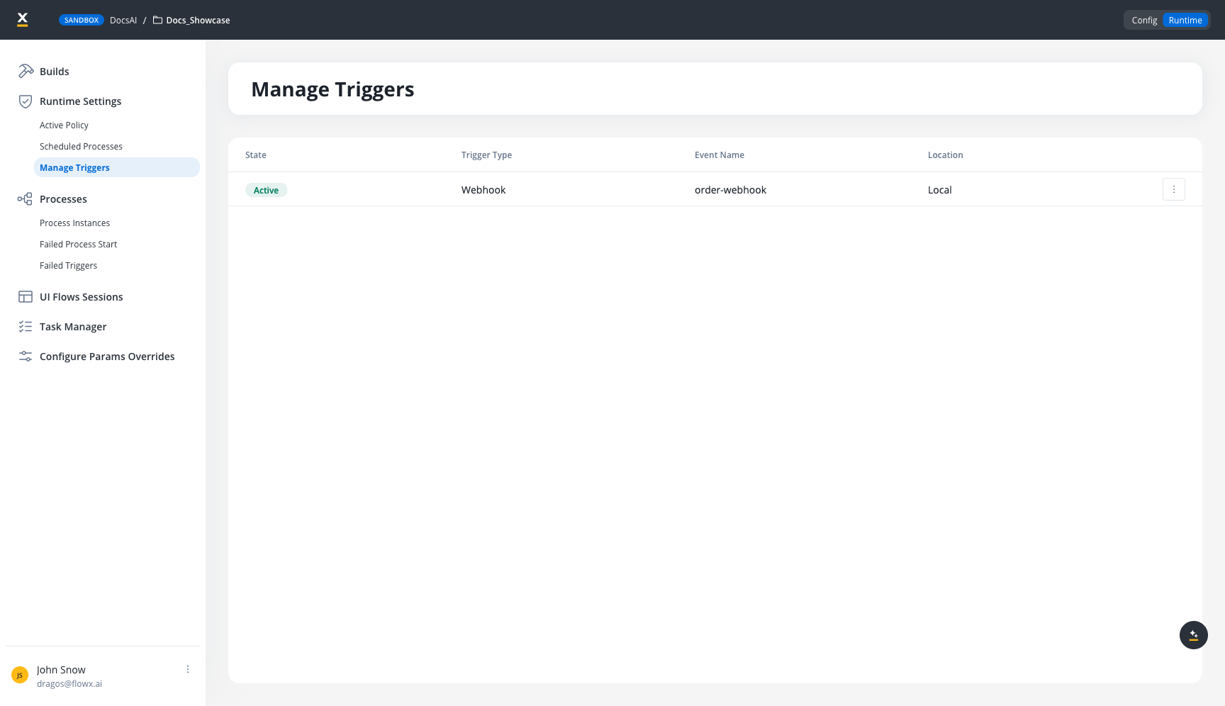 Manage Triggers showing active webhook