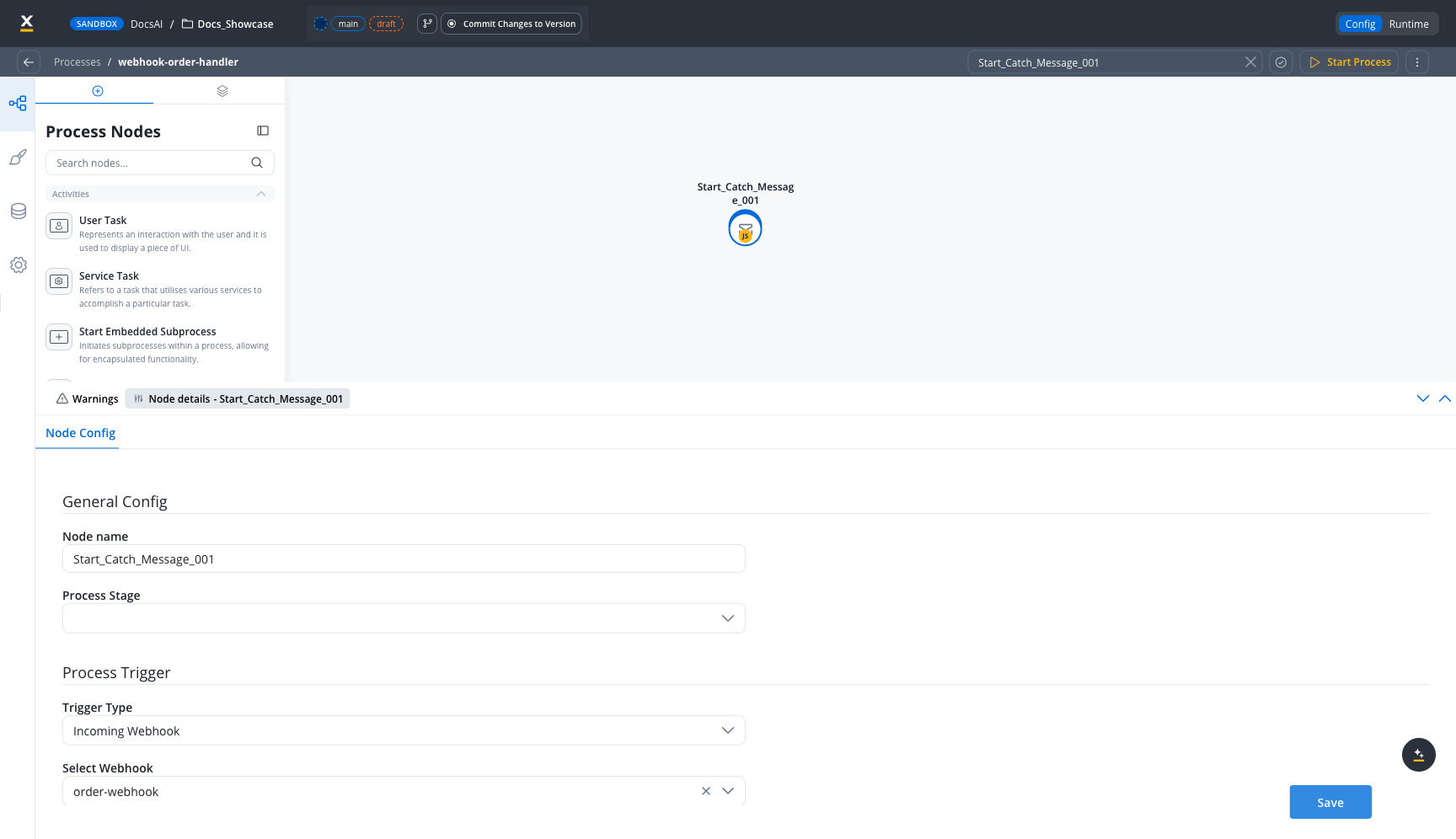 Message Start Event configured with Incoming Webhook trigger