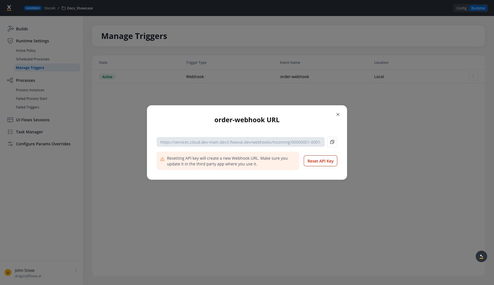 Webhook URL modal with API key and Reset button