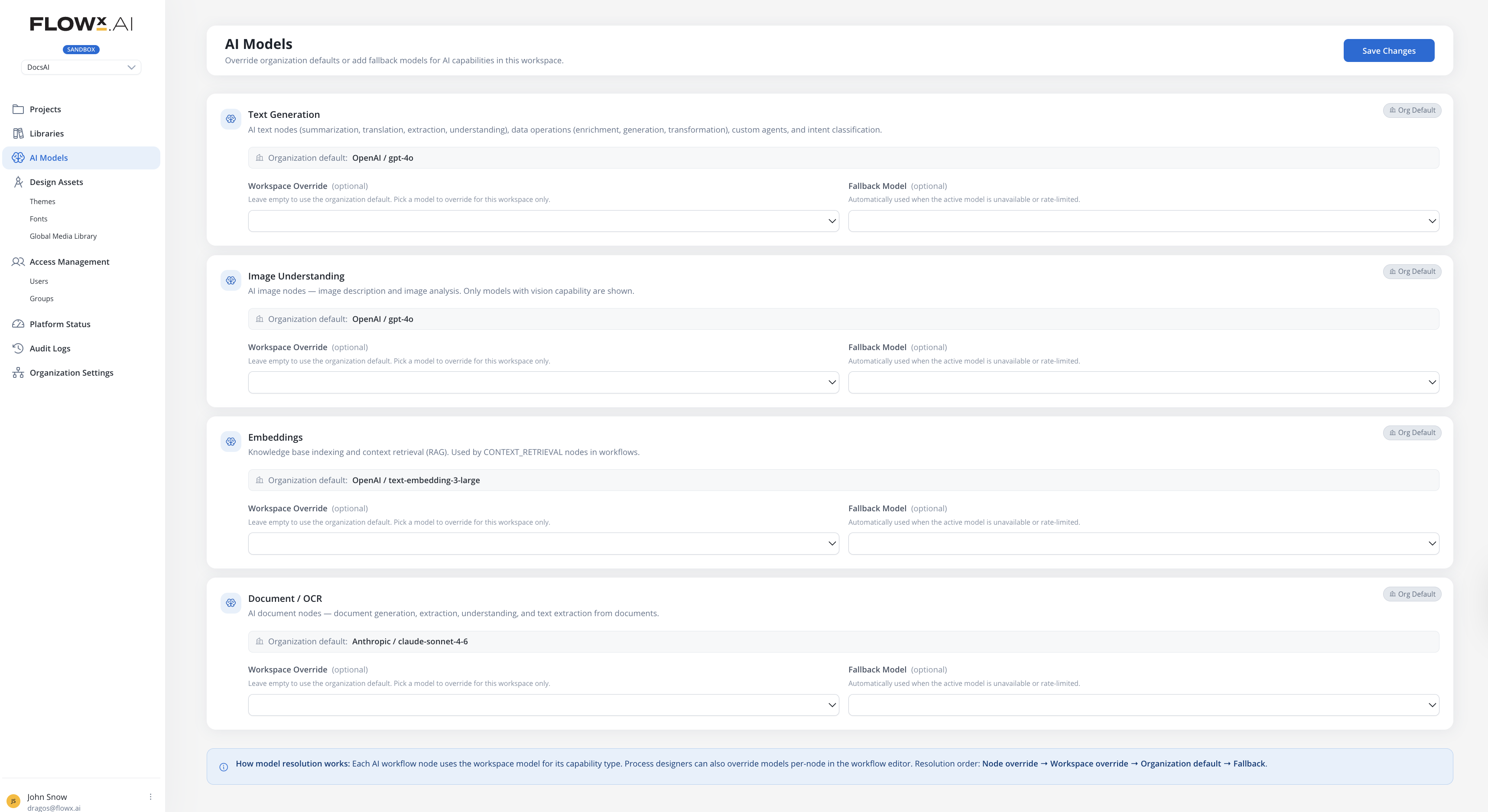 Defaults & Fallbacks configuration with workspace-type tabs