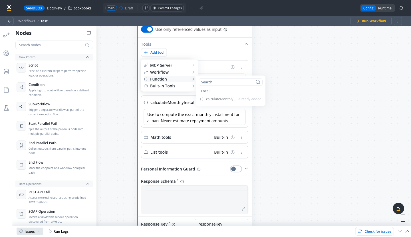 Add tool menu open on the Function option, listing a local reusable function marked as already added, with the attached function tool card and its when-to-use text below
