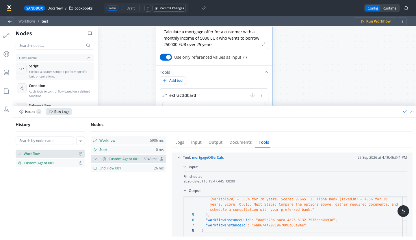 Run Logs panel on the agent node's Tools tab: a workflow-tool call whose name links to the child run, with the output JSON showing the child workflow instance identifiers