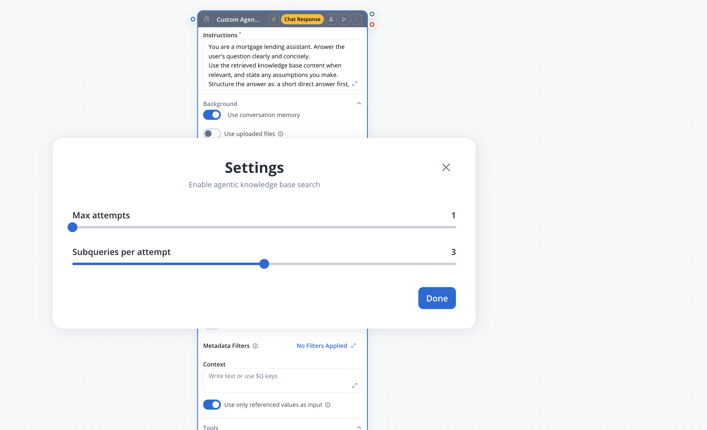 Additional controls Settings dialog for agentic knowledge base search