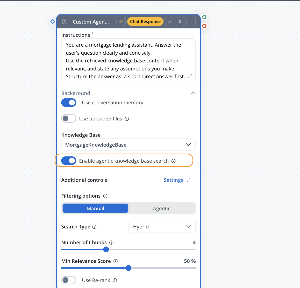 Agentic knowledge base search enabled, with Max attempts and Subqueries per attempt settings