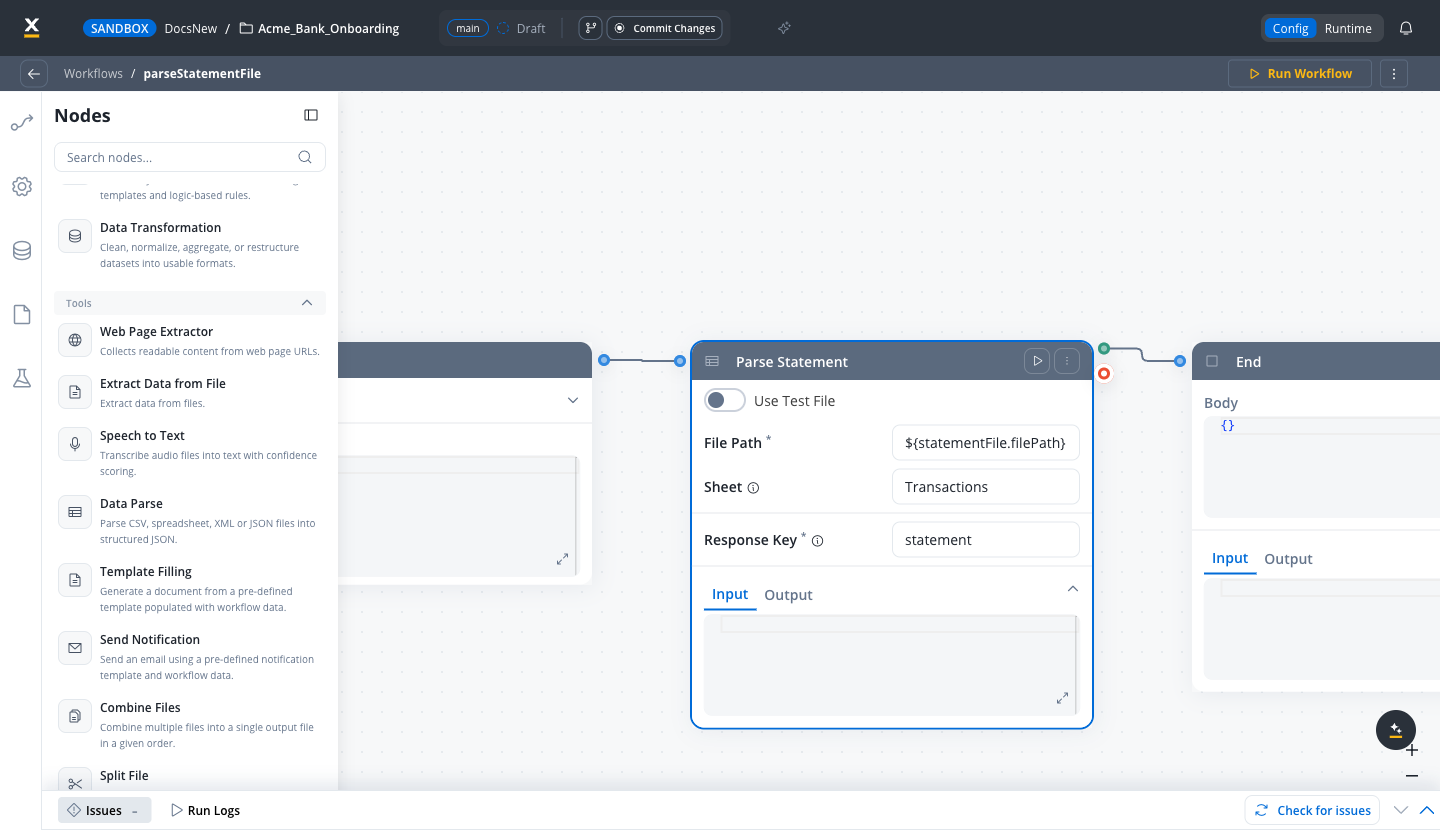 Data Parse node on the workflow canvas with File Path, Sheet, and Response Key filled in, next to the Data Parse entry in the node palette