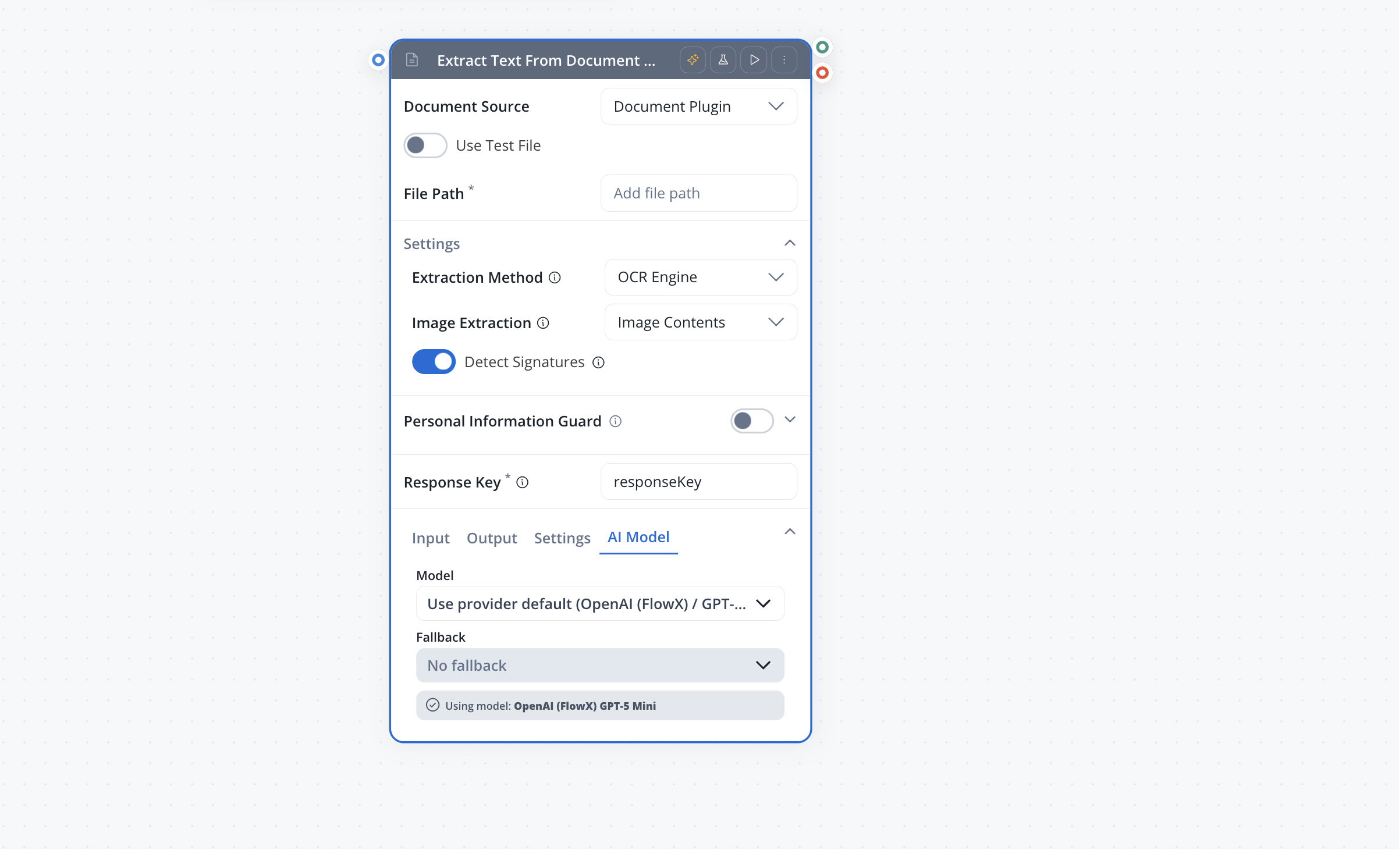 Detect Signatures toggle in the Extract Data from File node settings