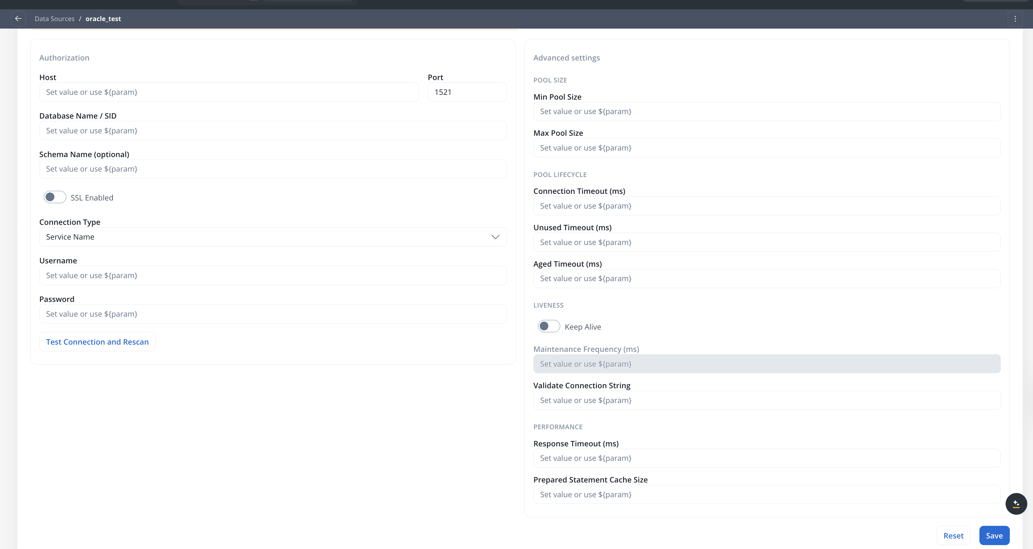 Oracle Database data source settings