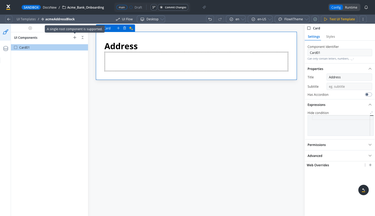 Reusable UI template designer on the Navigation tab, showing the UI Components section with a single root card and the tooltip A single root component is supported. on the add button