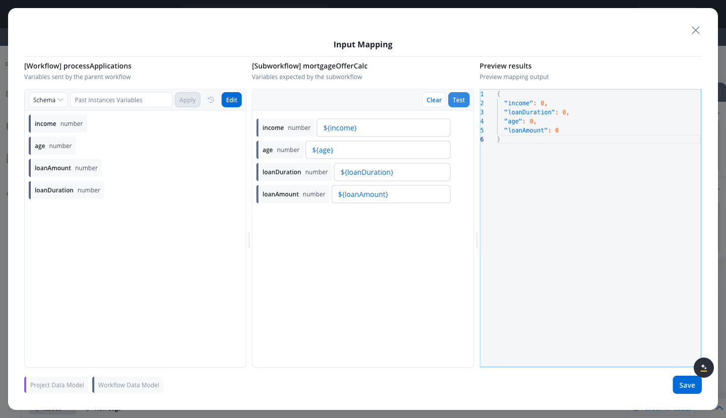 Input mapping modal with the parent workflow variables on the left, mapped subworkflow fields in the middle, and the Test preview payload on the right