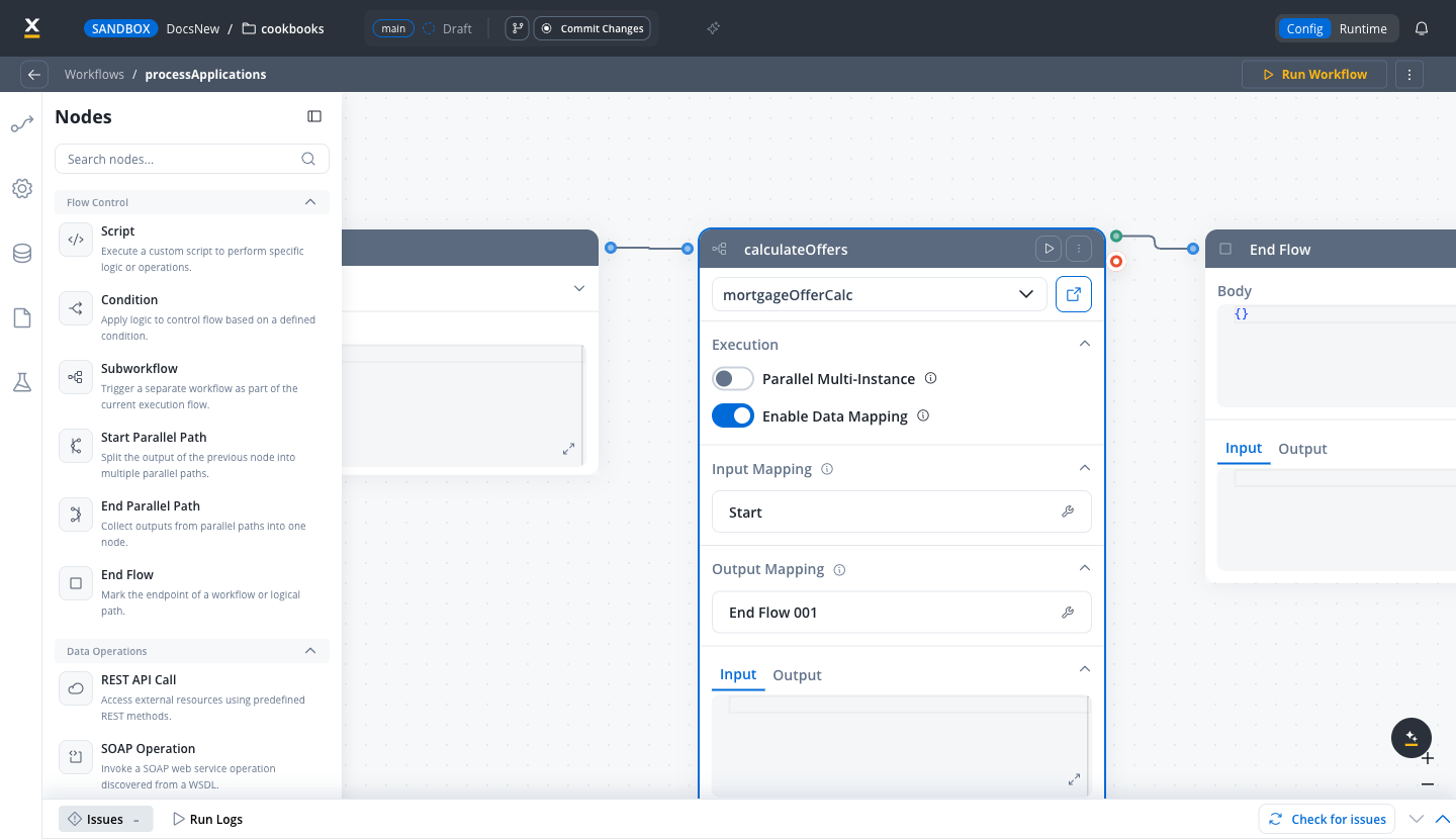 Subworkflow node config with Enable data mapping turned on, showing the Start input mapping row and an End Flow output mapping row